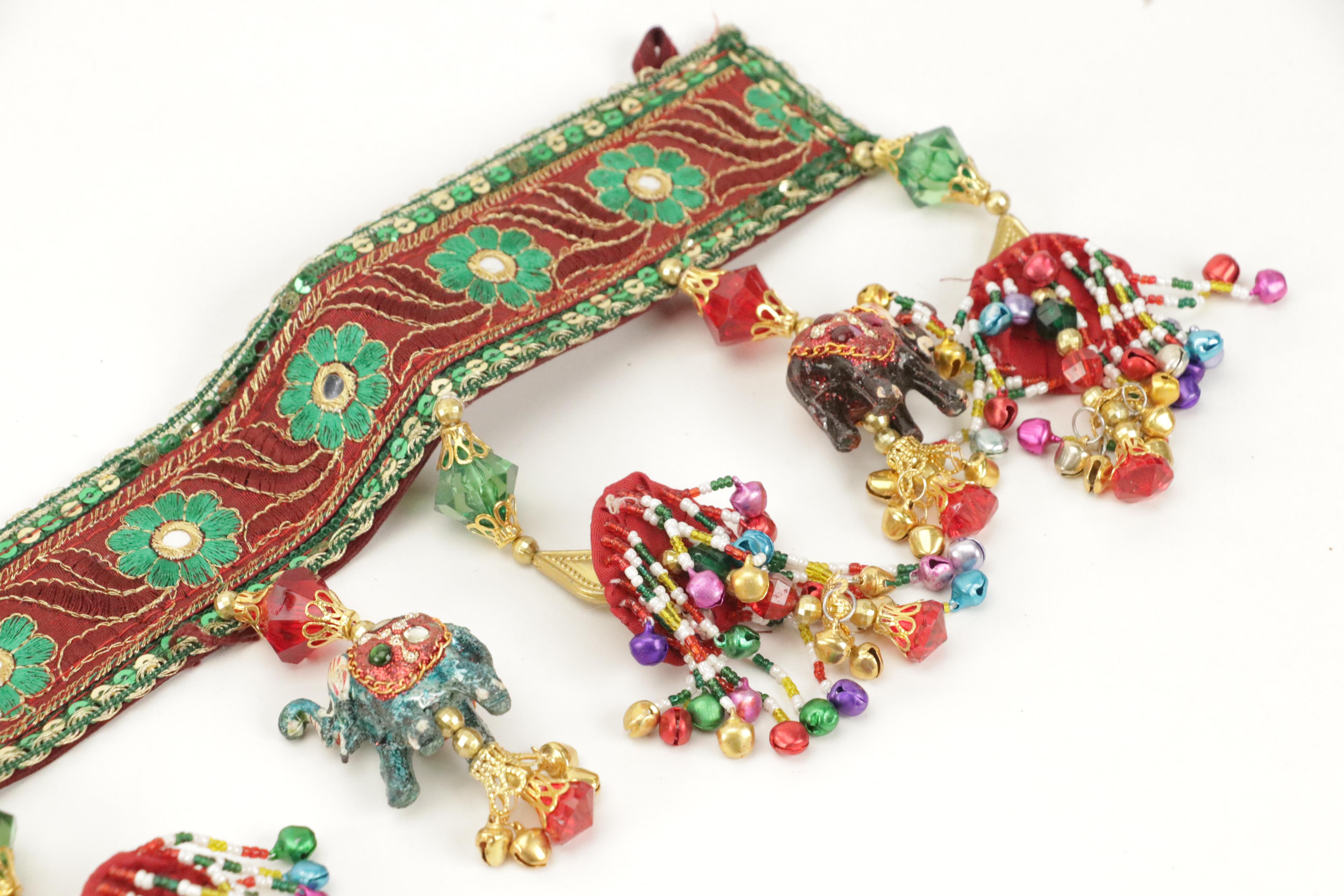 Indian Style Embellished Valance Set with Elephant Ornaments, Bells, and Beads