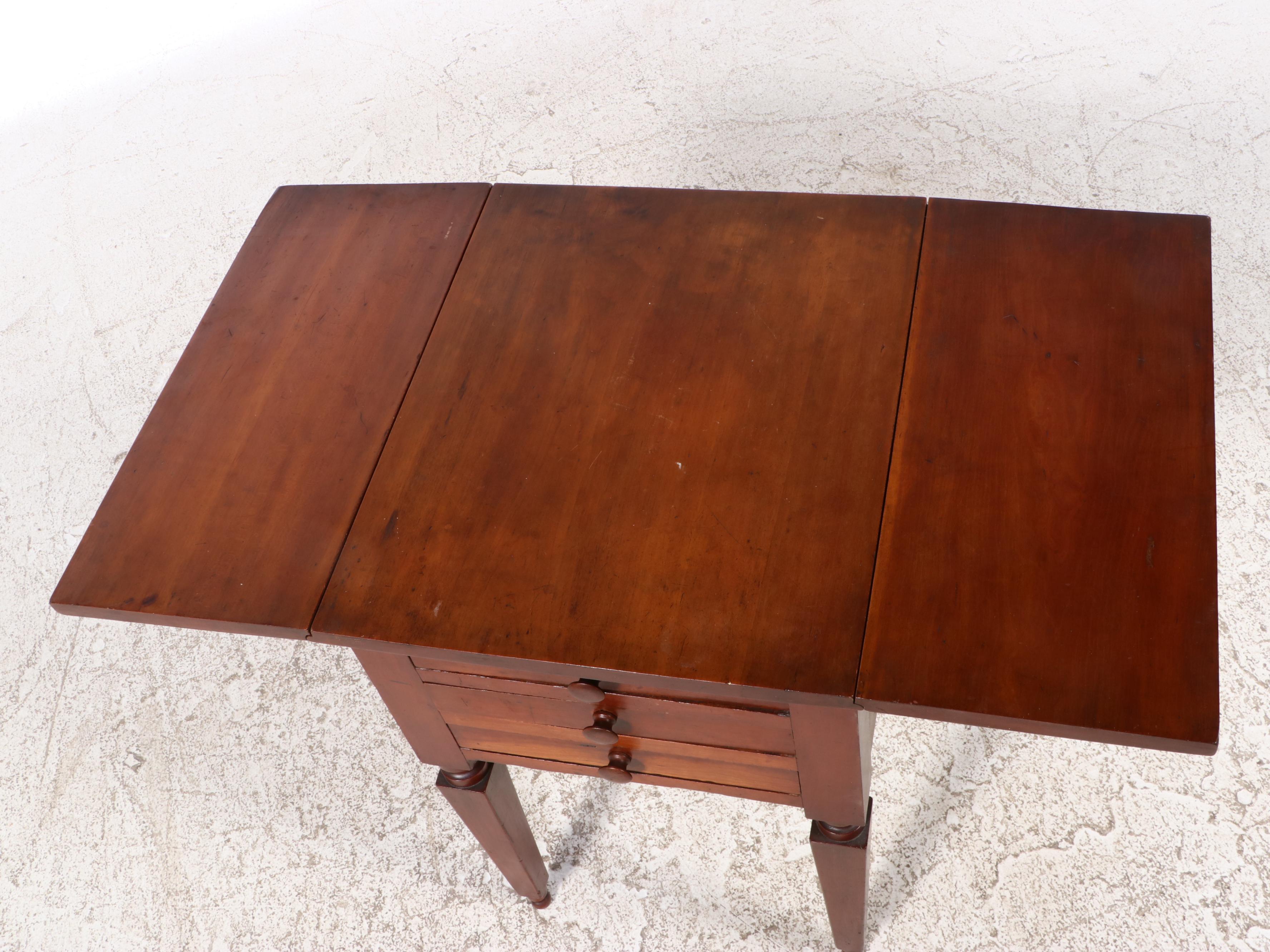 Eaton, Ohio Cherrywood Three-Drawer Drop-Leaf Side Table, signed, 19th Century