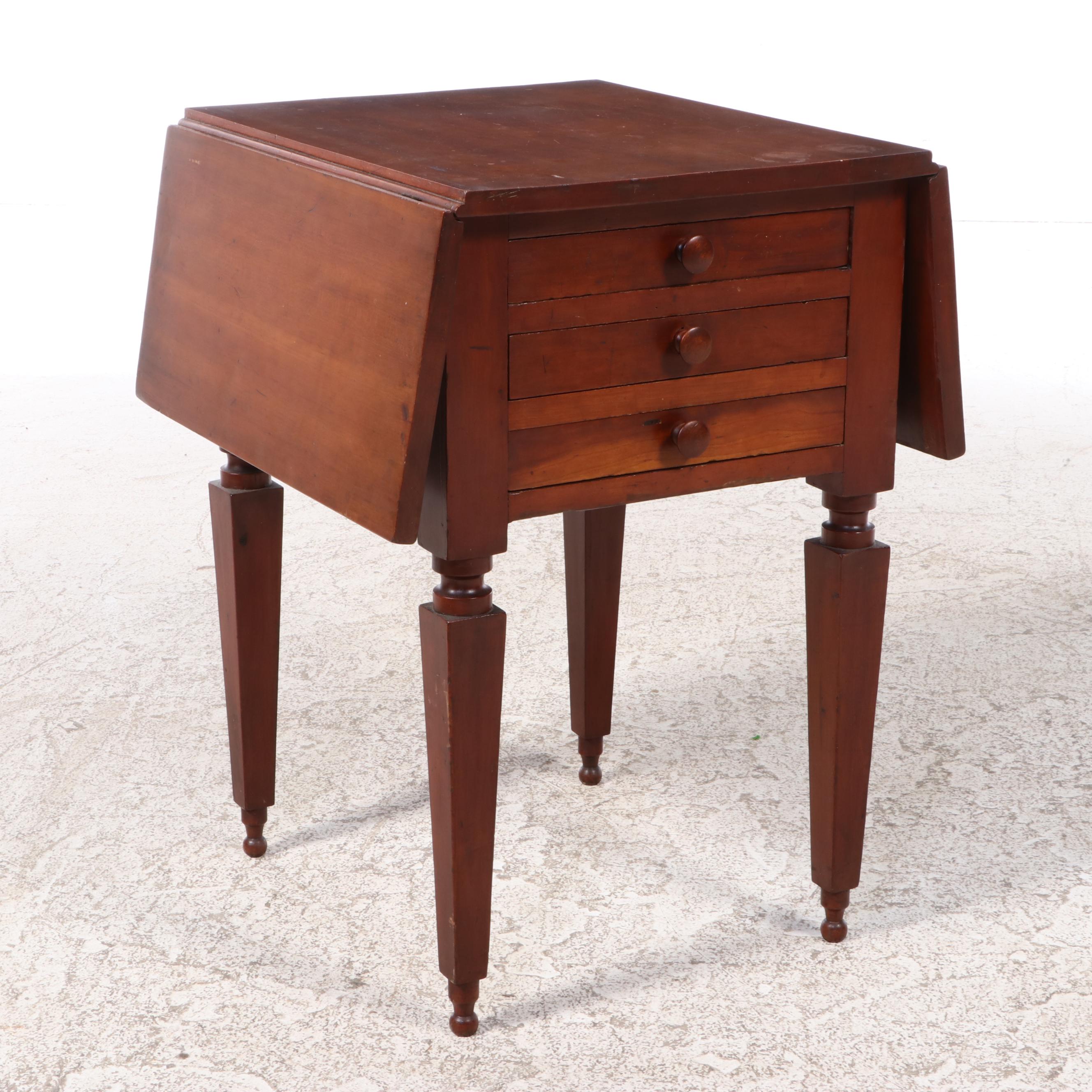Eaton, Ohio Cherrywood Three-Drawer Drop-Leaf Side Table, signed, 19th Century