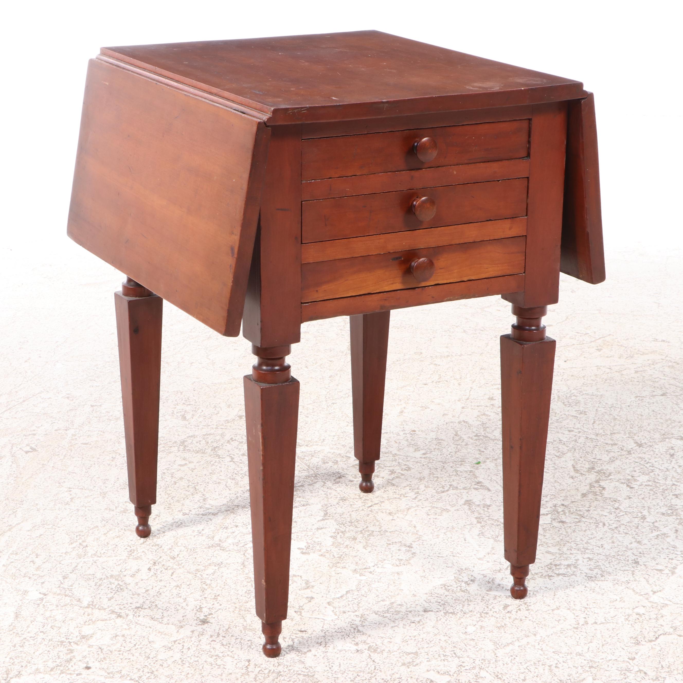 Eaton, Ohio Cherrywood Three-Drawer Drop-Leaf Side Table, signed, 19th Century