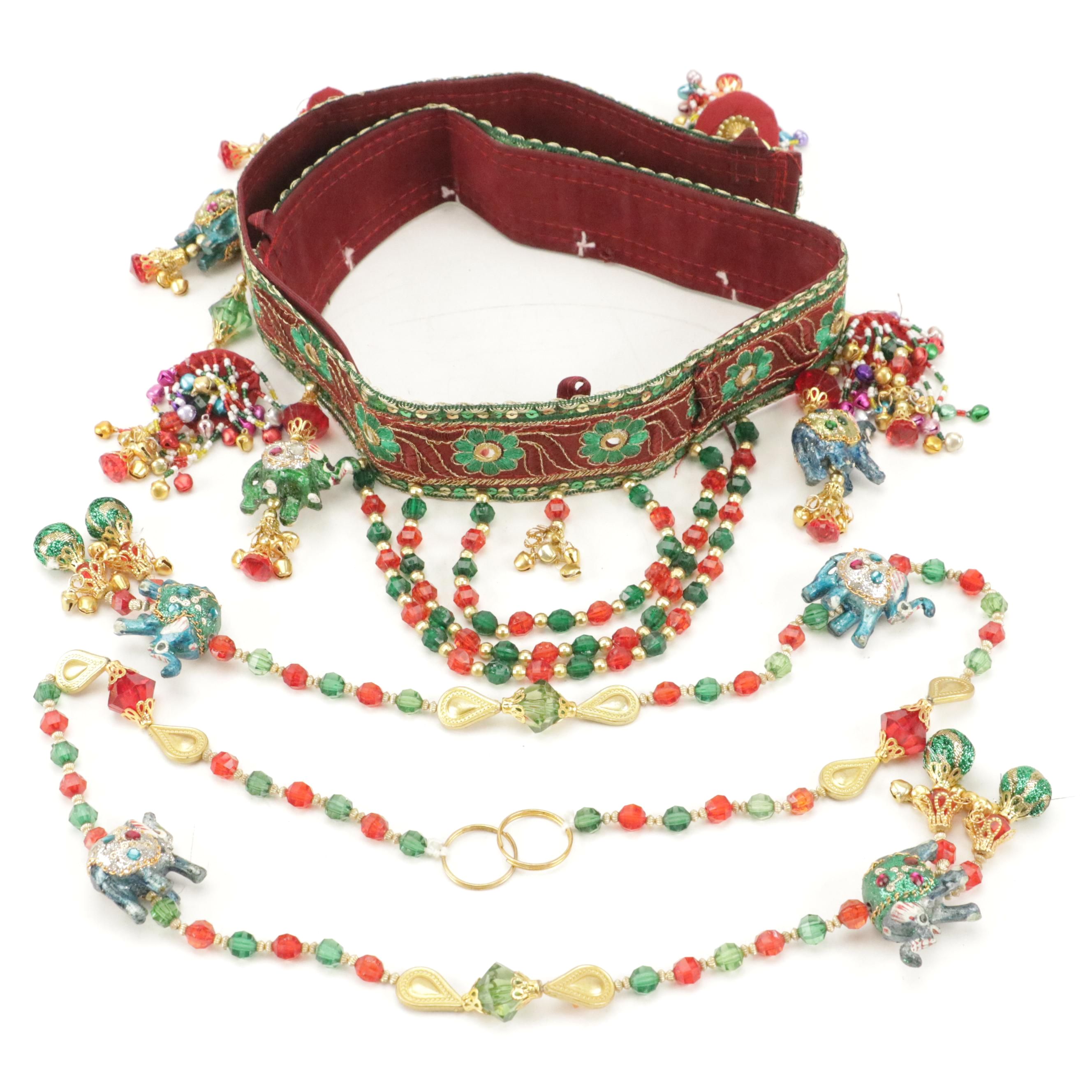 Indian Style Embellished Valance Set with Elephant Ornaments, Bells, and Beads