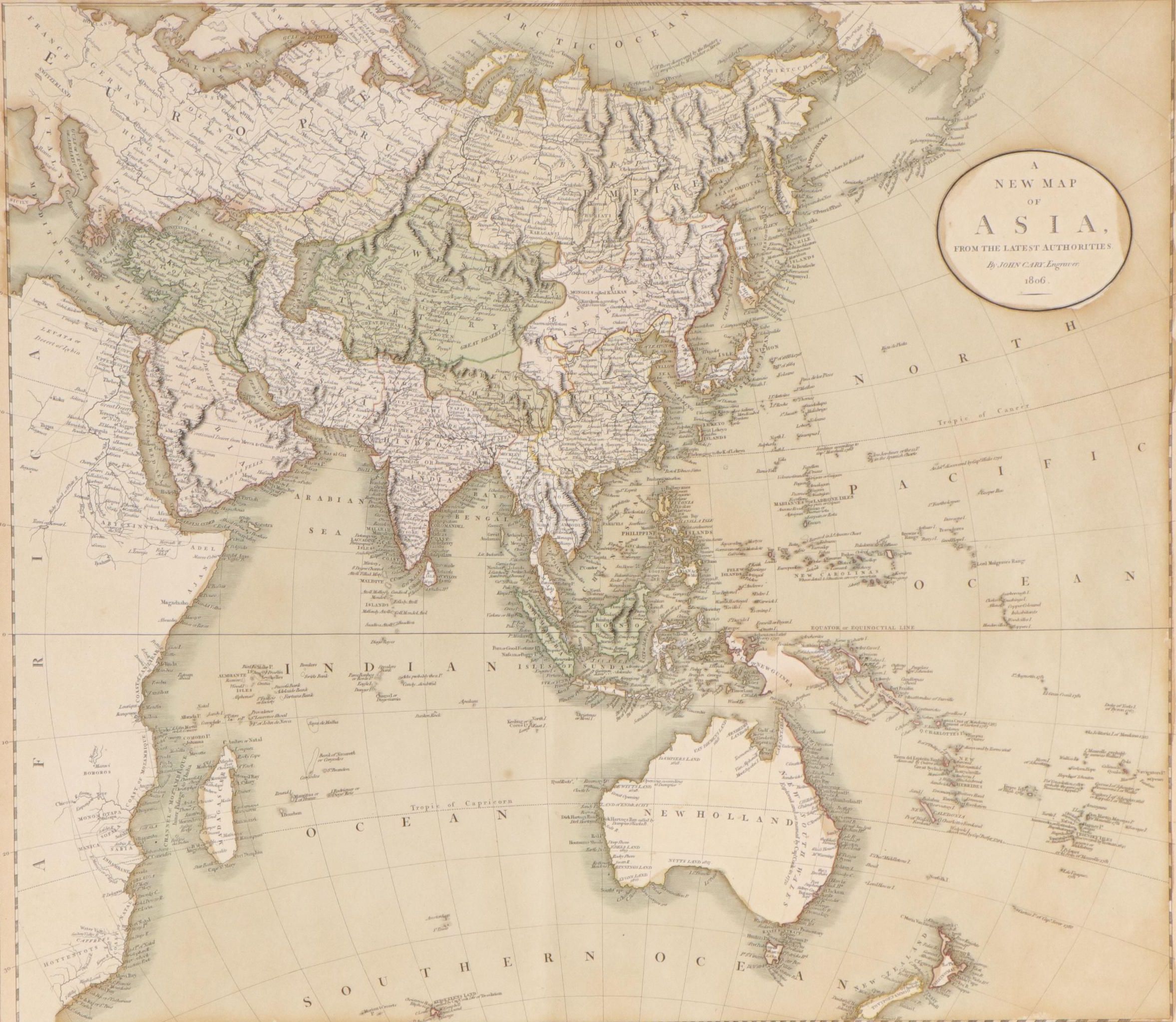 John Cary Map Engraving "A New Map of Asia," 1806