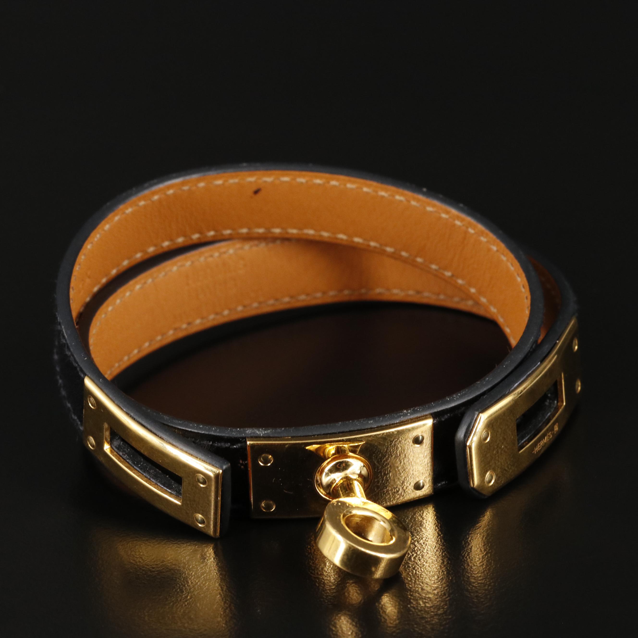 Hermès Black Leather Double Tour Bracelet With Box
