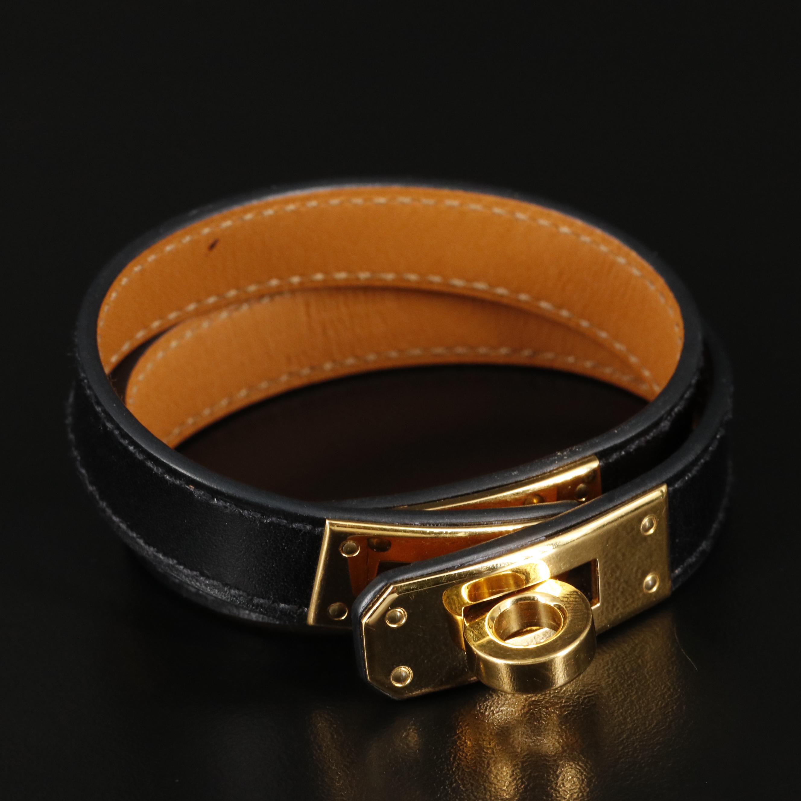 Hermès Black Leather Double Tour Bracelet With Box