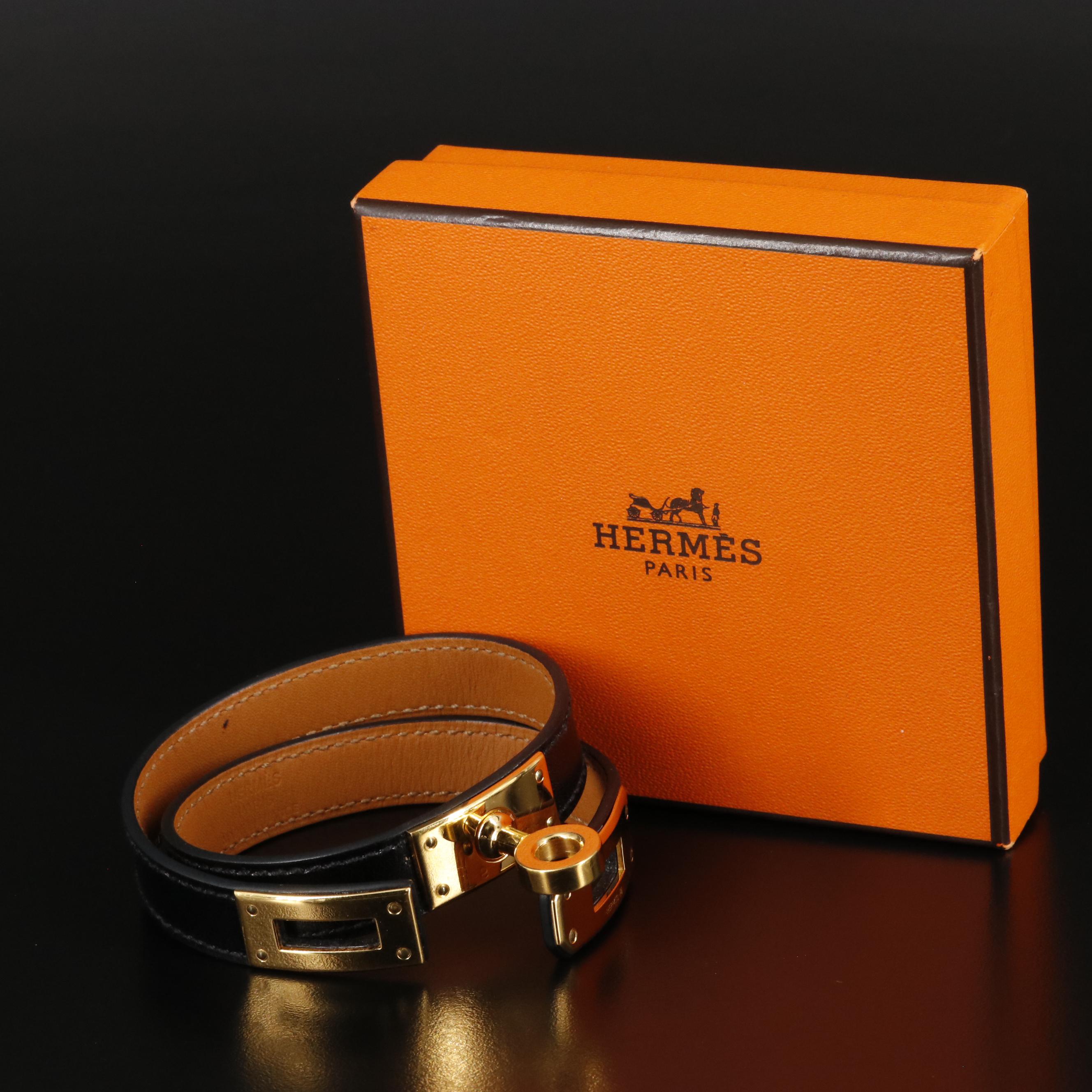 Hermès Black Leather Double Tour Bracelet With Box