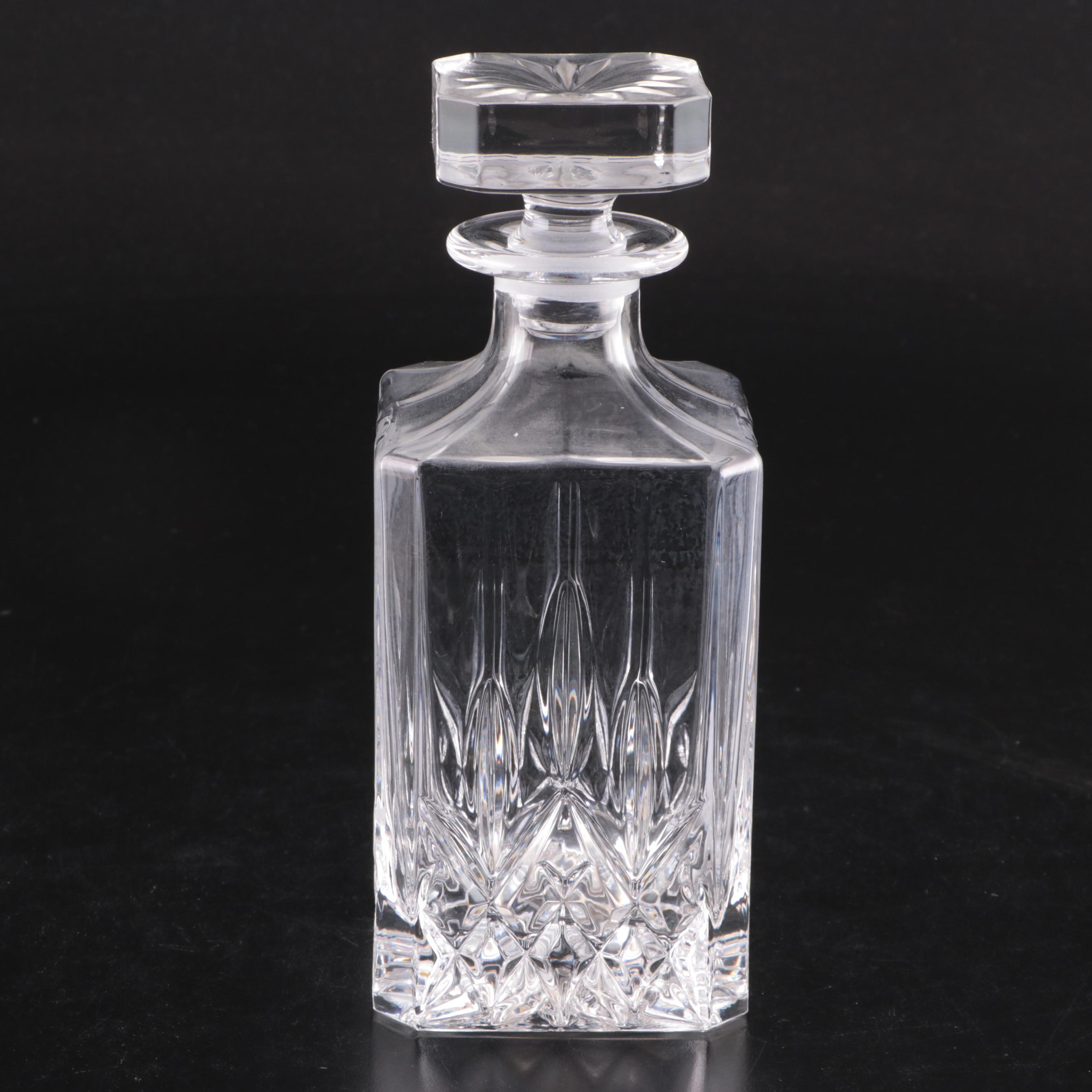 Pressed Glass Decanter with Etched and Iridescent Glasses
