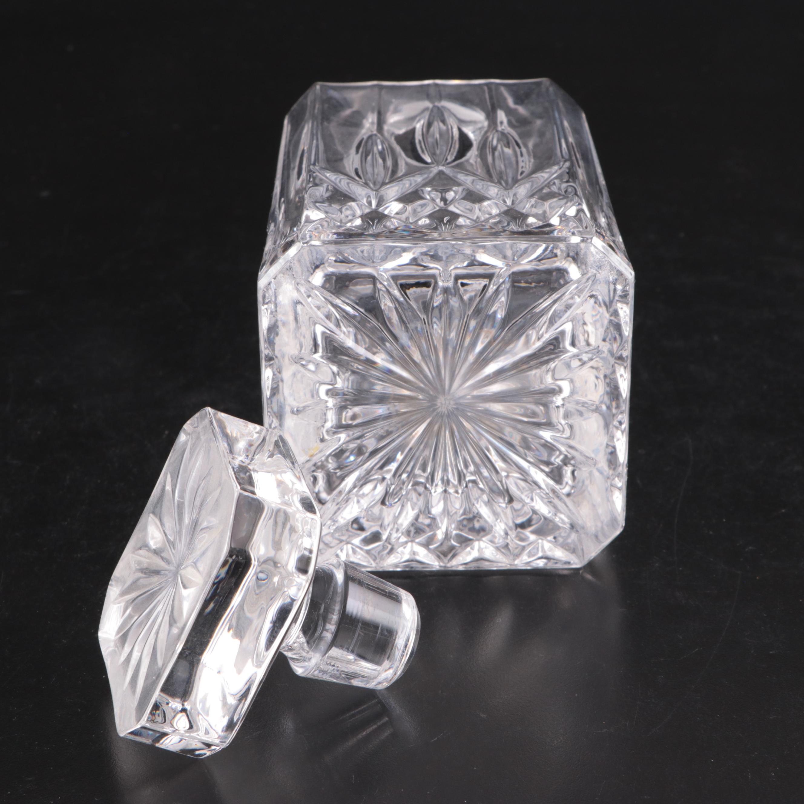 Pressed Glass Decanter with Etched and Iridescent Glasses