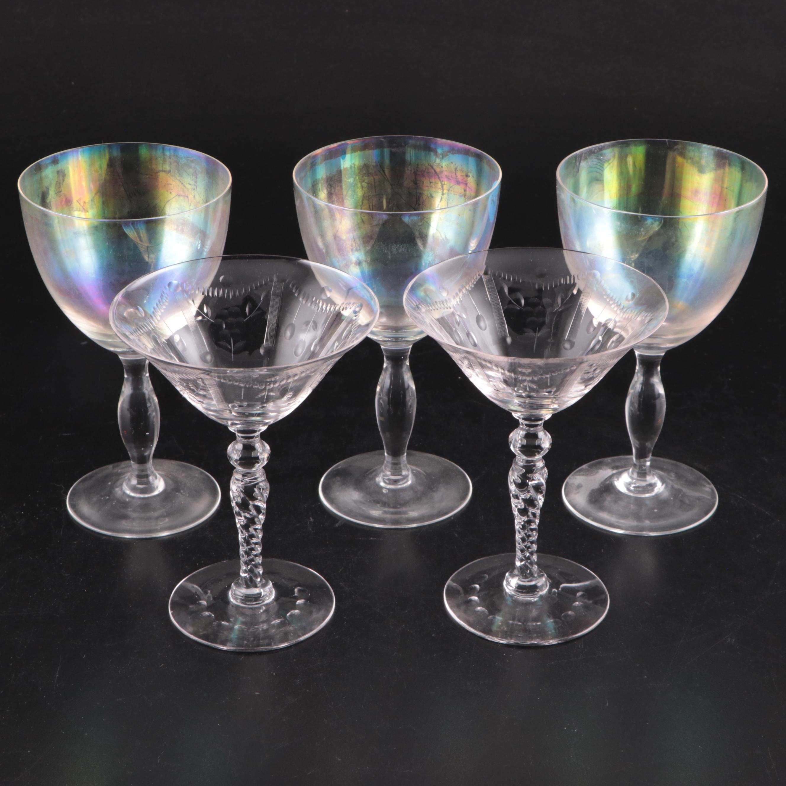 Pressed Glass Decanter with Etched and Iridescent Glasses