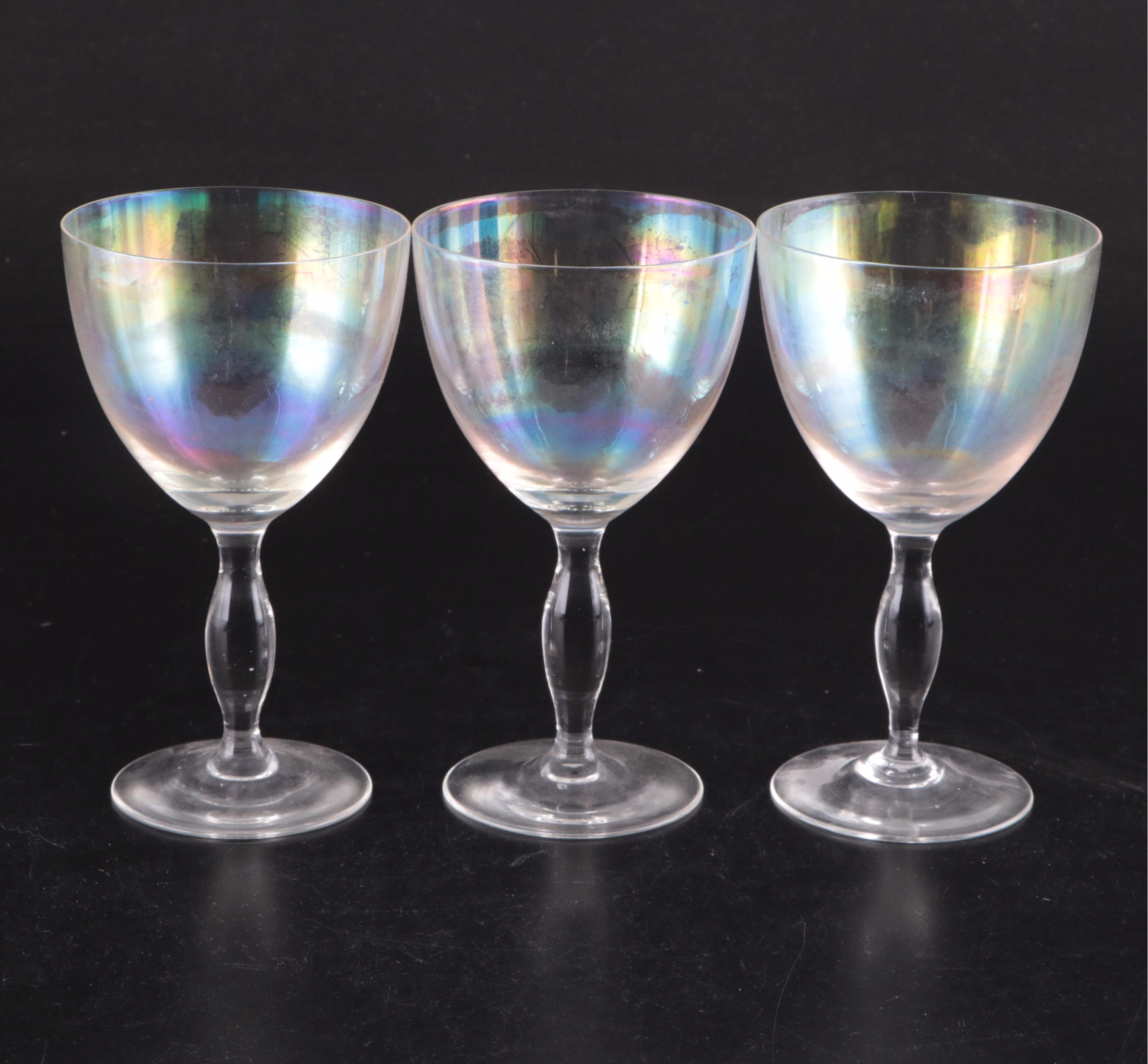 Pressed Glass Decanter with Etched and Iridescent Glasses