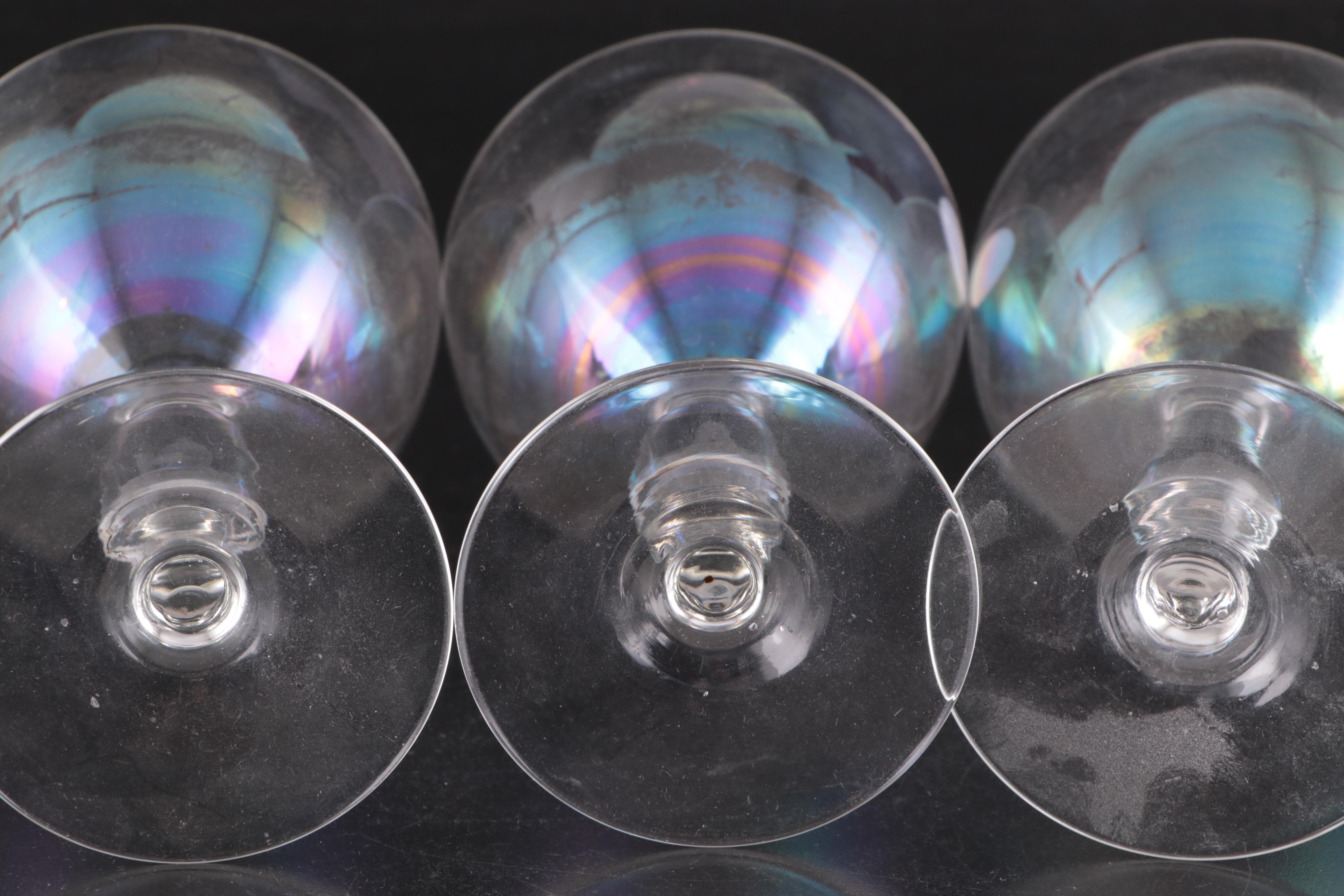 Pressed Glass Decanter with Etched and Iridescent Glasses