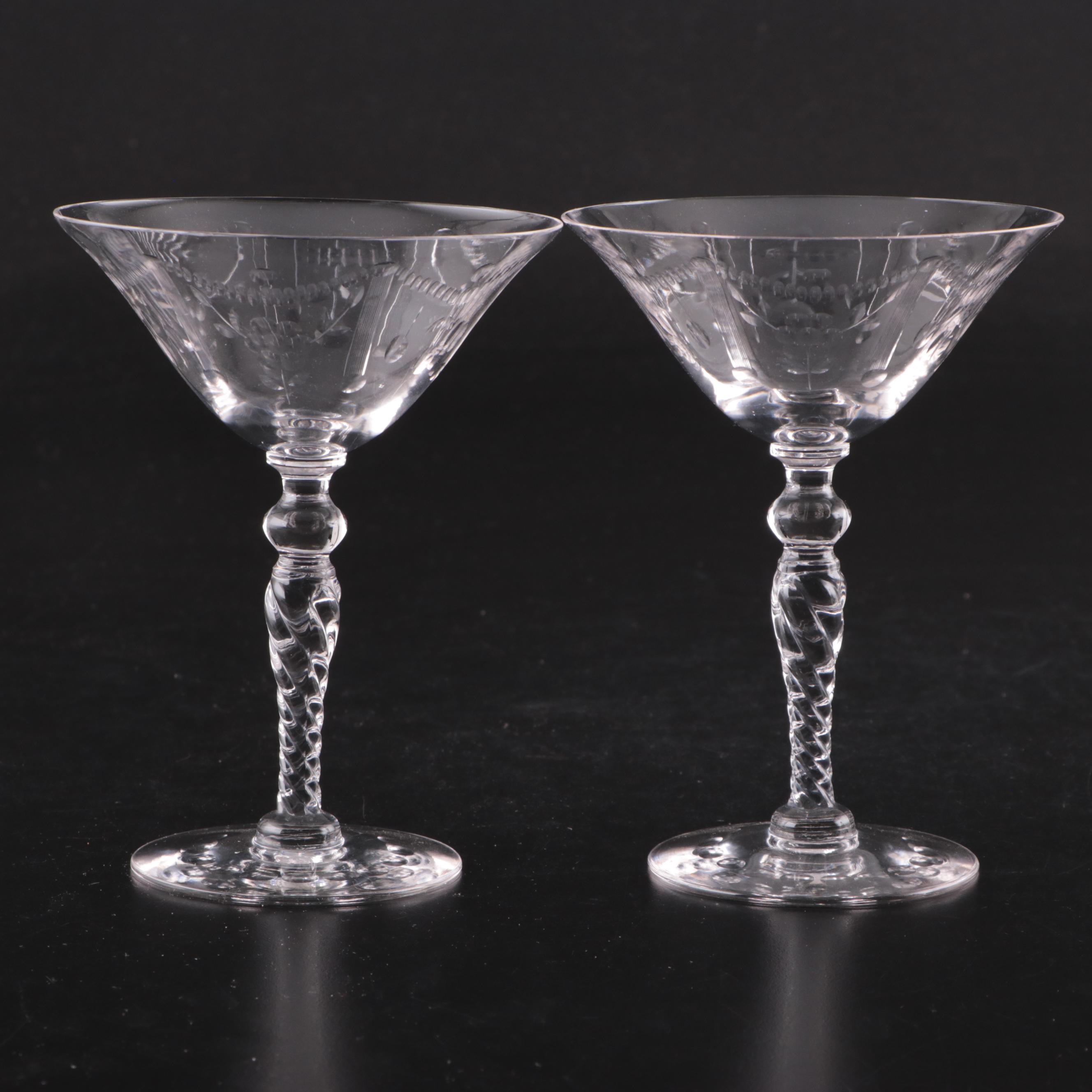 Pressed Glass Decanter with Etched and Iridescent Glasses