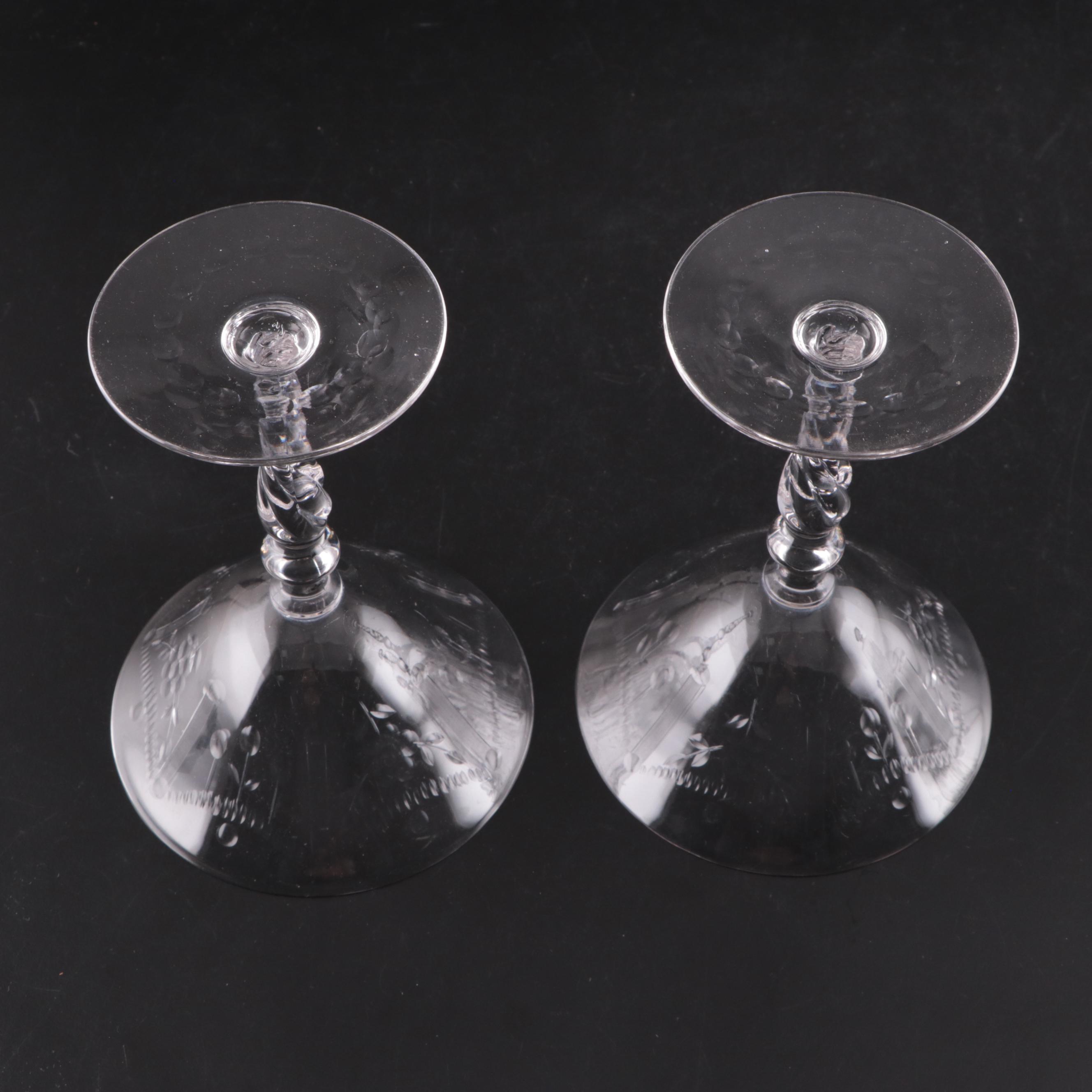 Pressed Glass Decanter with Etched and Iridescent Glasses