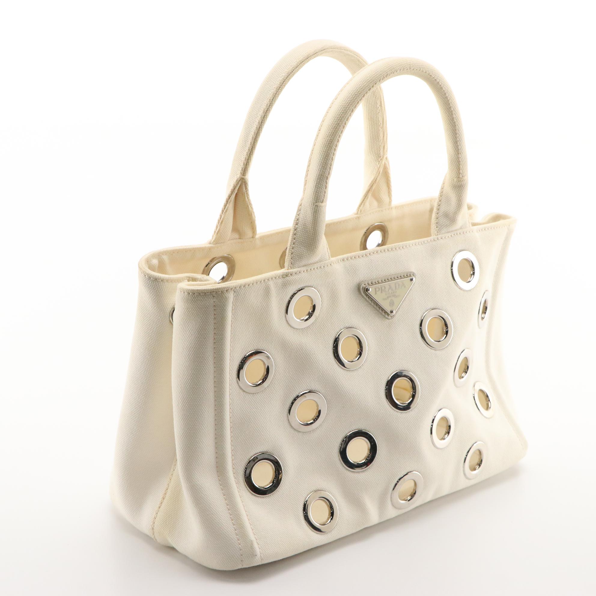 Prada Grommet Canapa Tote Bag in White Canvas