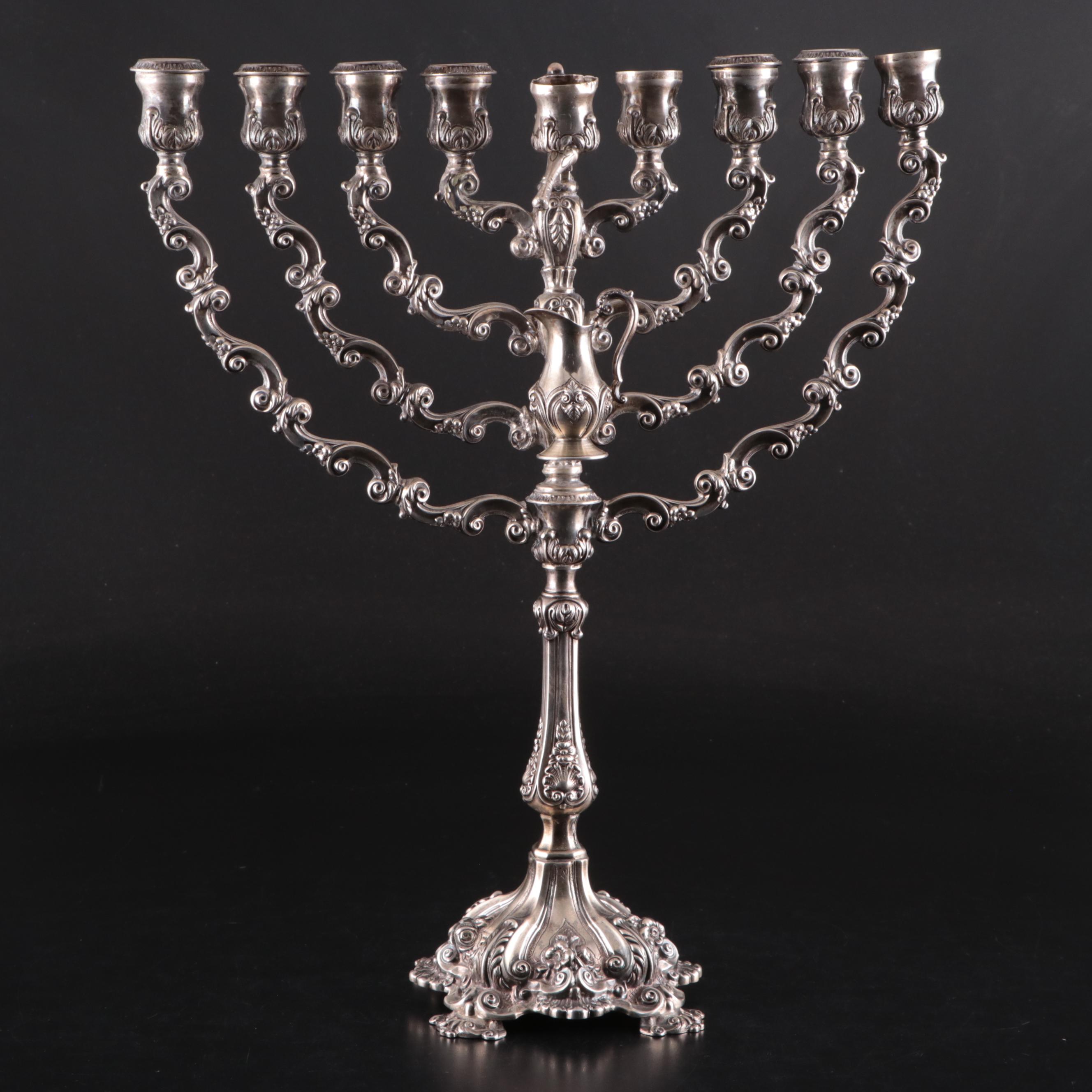 Antique Sterling Silver Hanukkah Oil Lamp with Detachable Oil Jug