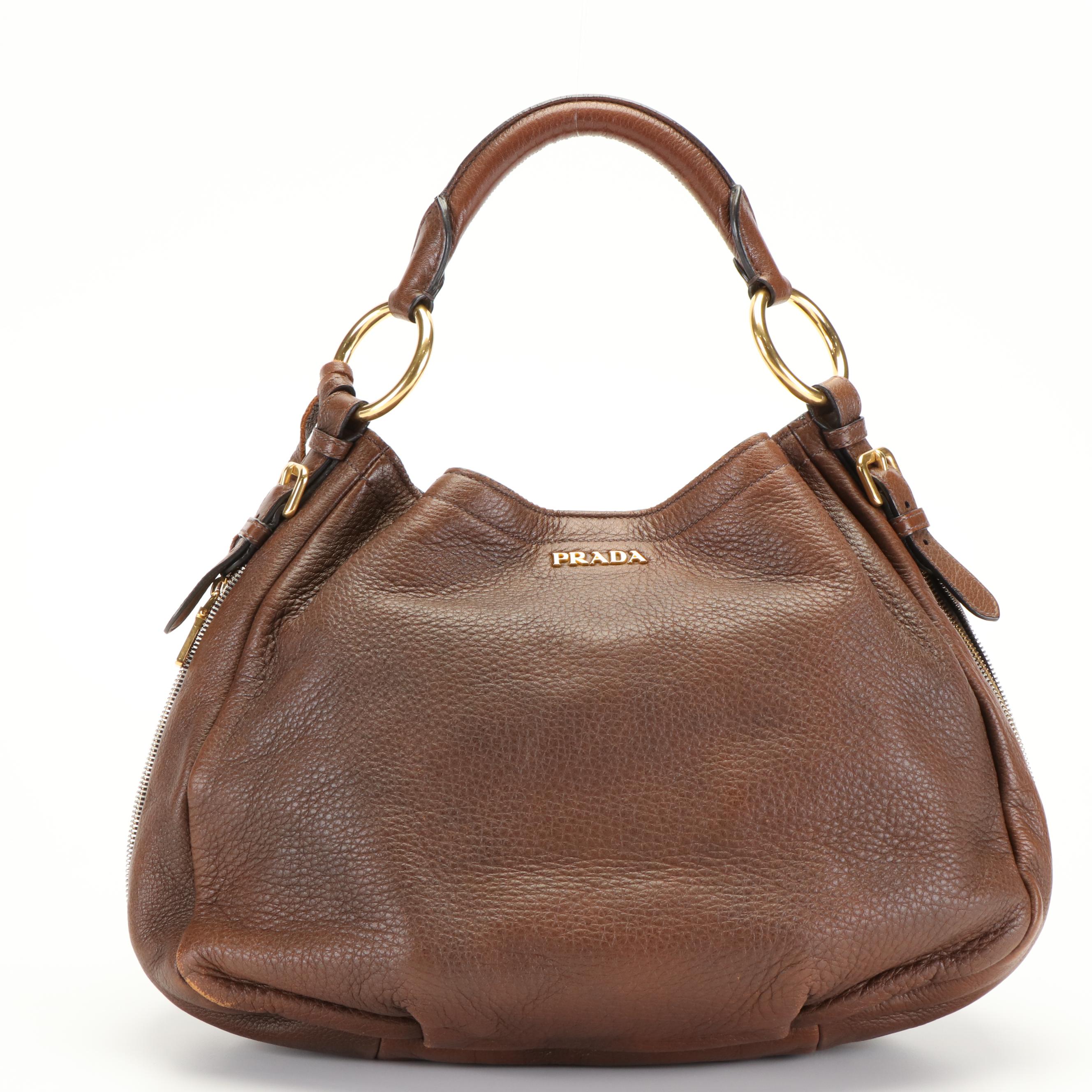 Prada Brown Textured Deerskin Bottom Zip Around Hobo Tote