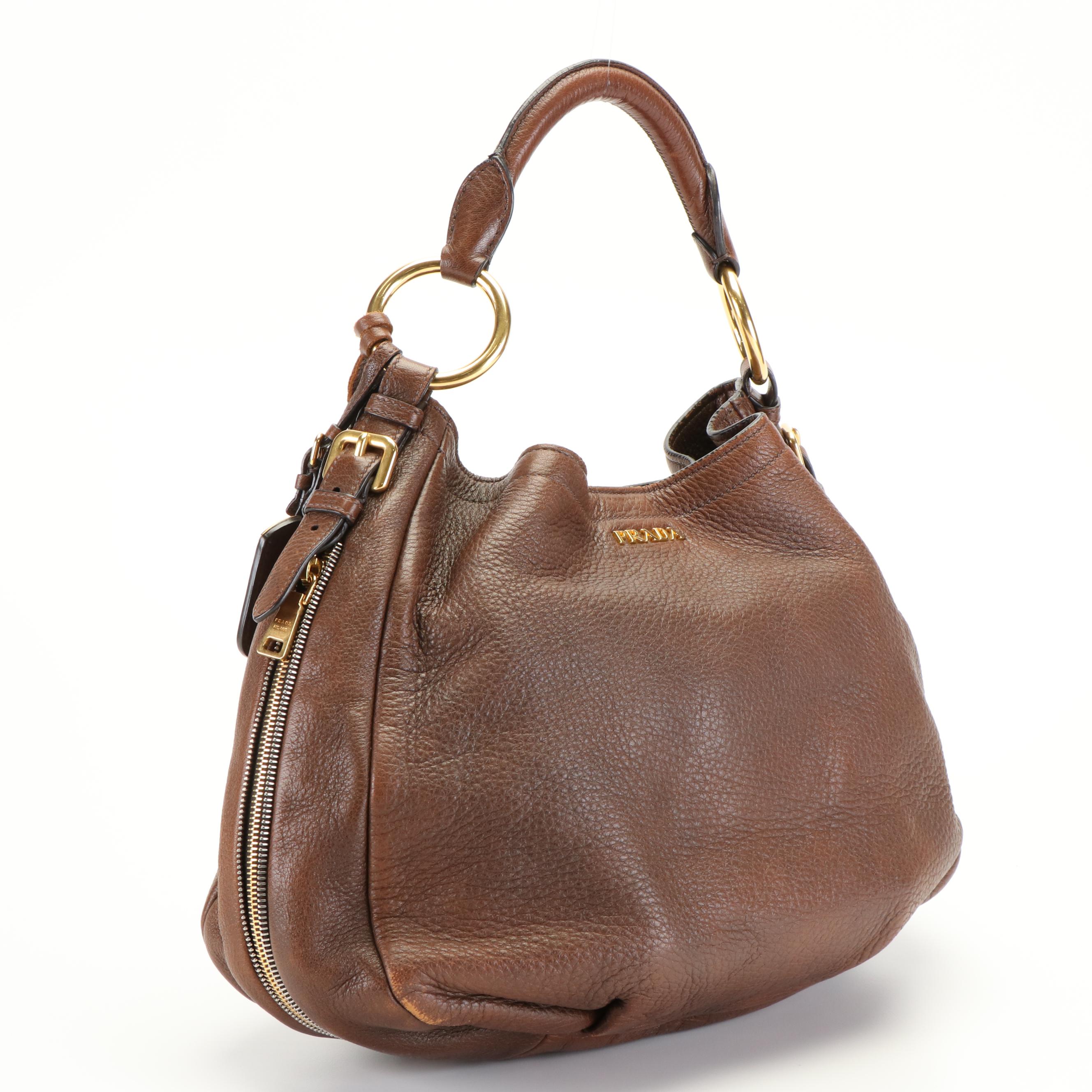 Prada Brown Textured Deerskin Bottom Zip Around Hobo Tote
