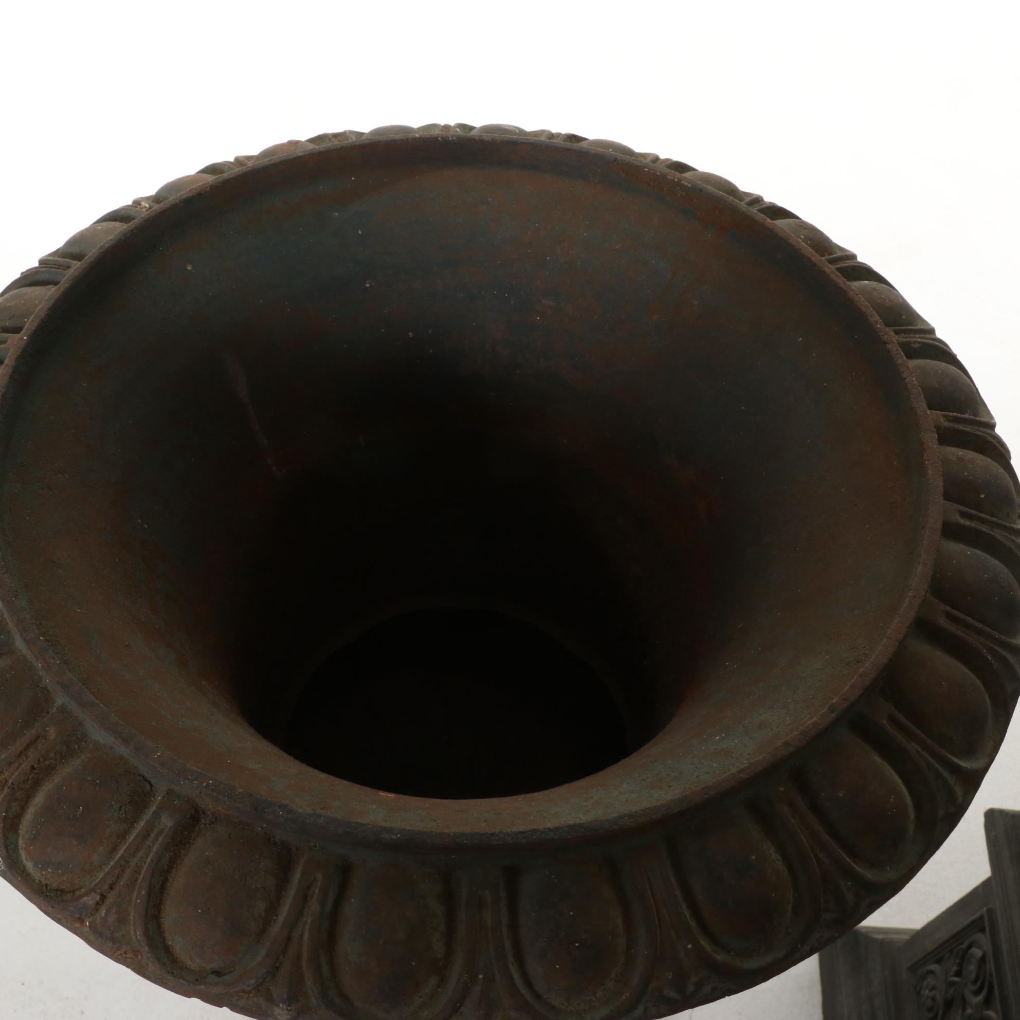 Pair of Neoclassical Cast Iron Urn Patio Planters with Pedestal Bases