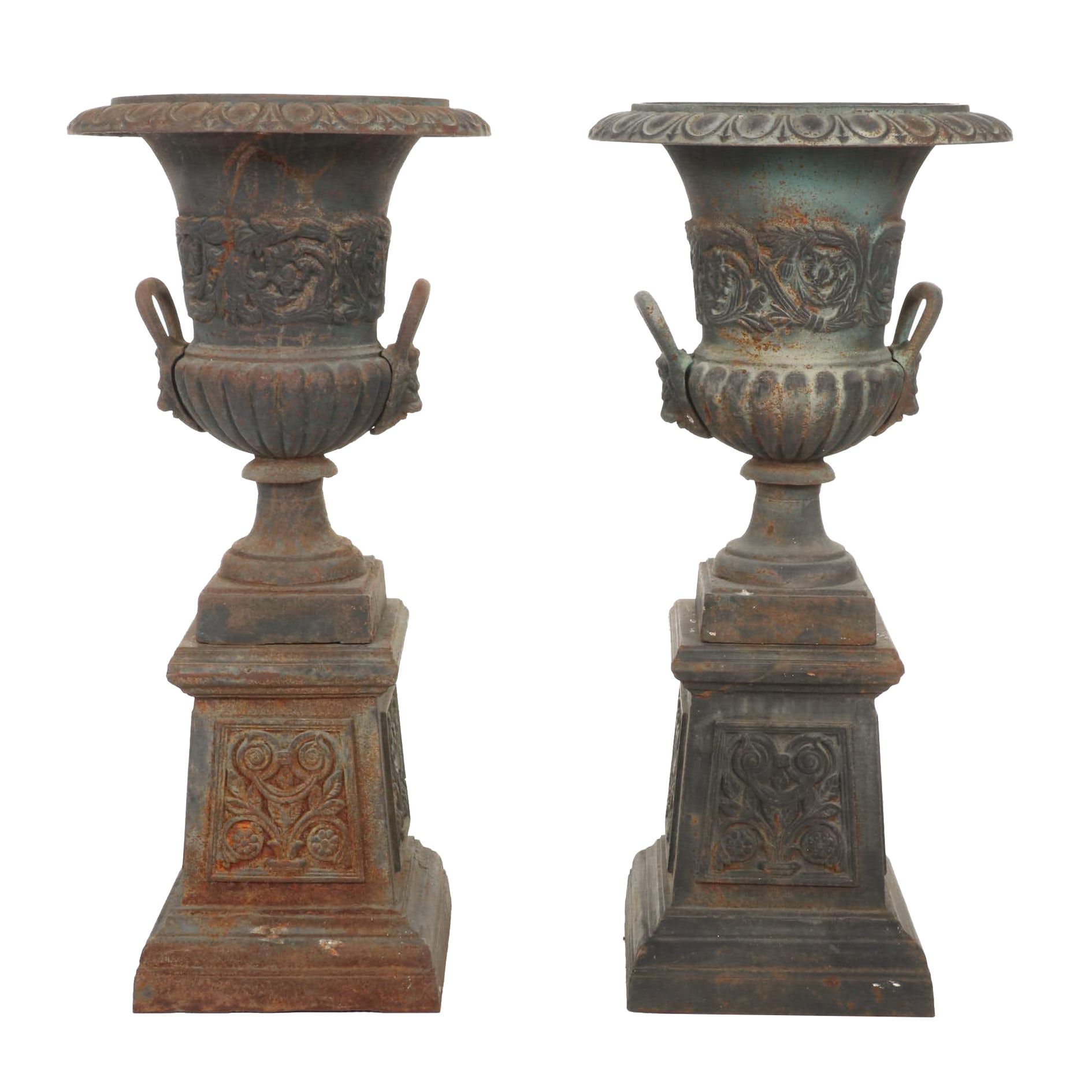 Pair of Neoclassical Cast Iron Urn Patio Planters with Pedestal Bases