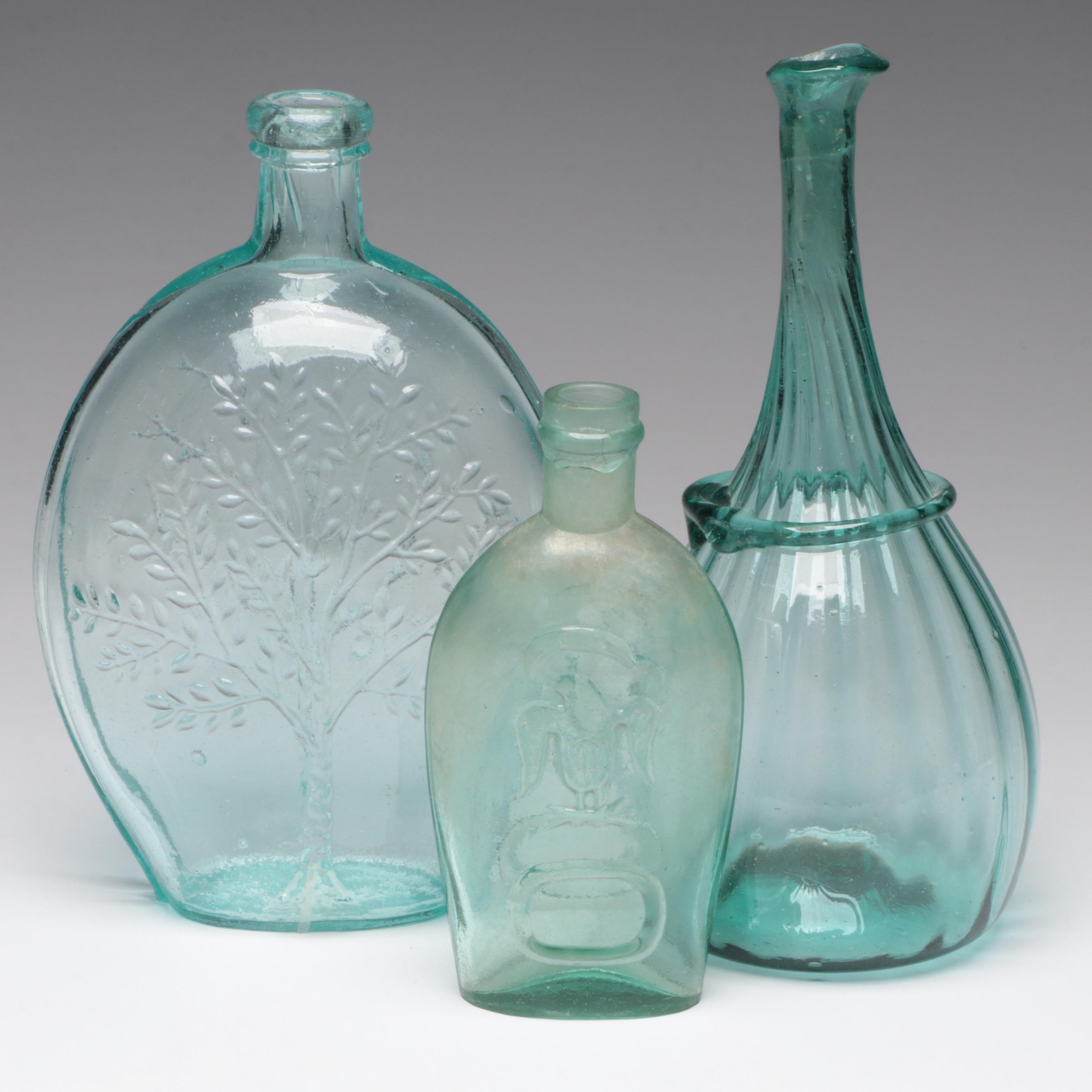 Winter/Summer Flask, 19th Century, with Other Flask and Blown Glass Pitcher