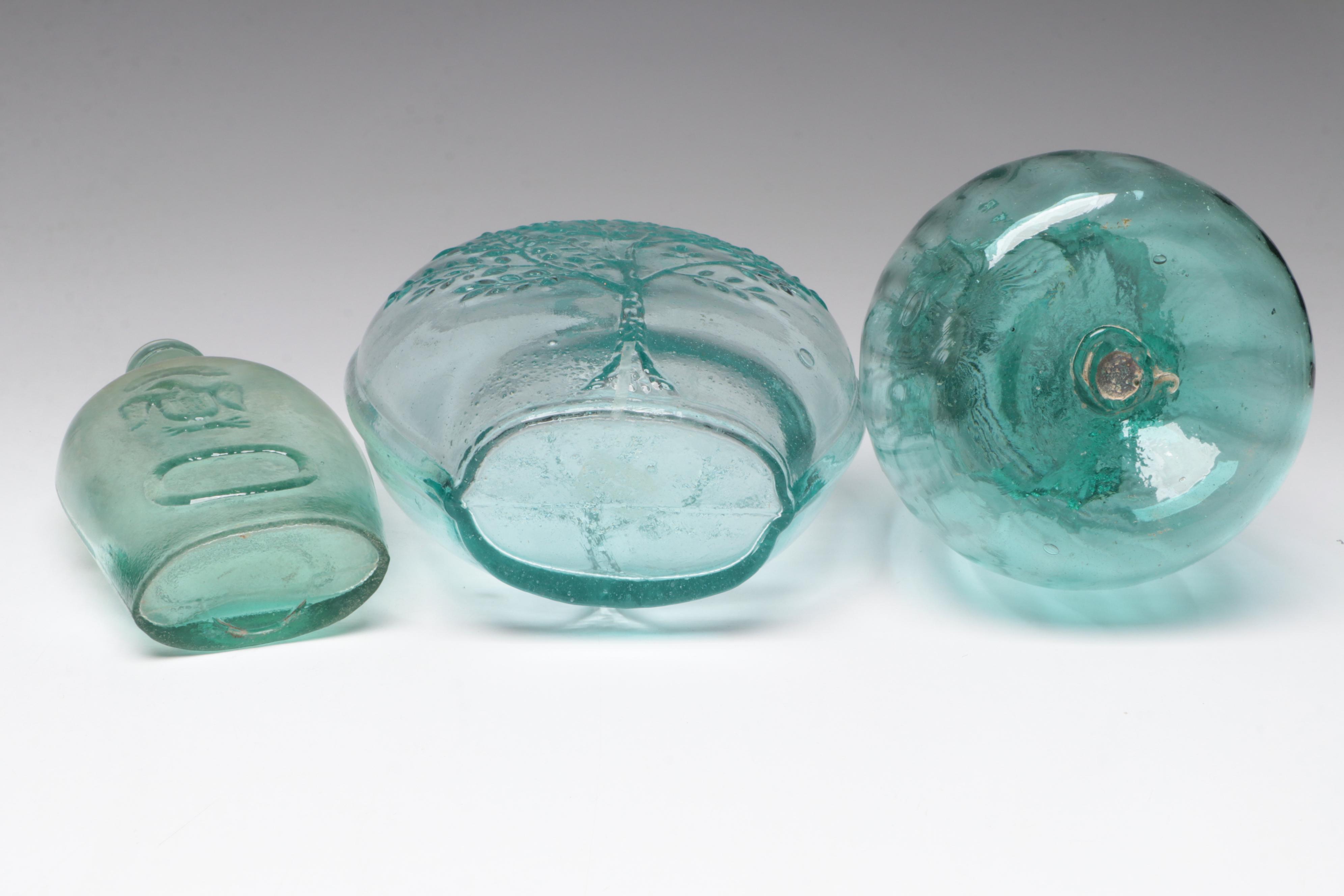 Winter/Summer Flask, 19th Century, with Other Flask and Blown Glass Pitcher