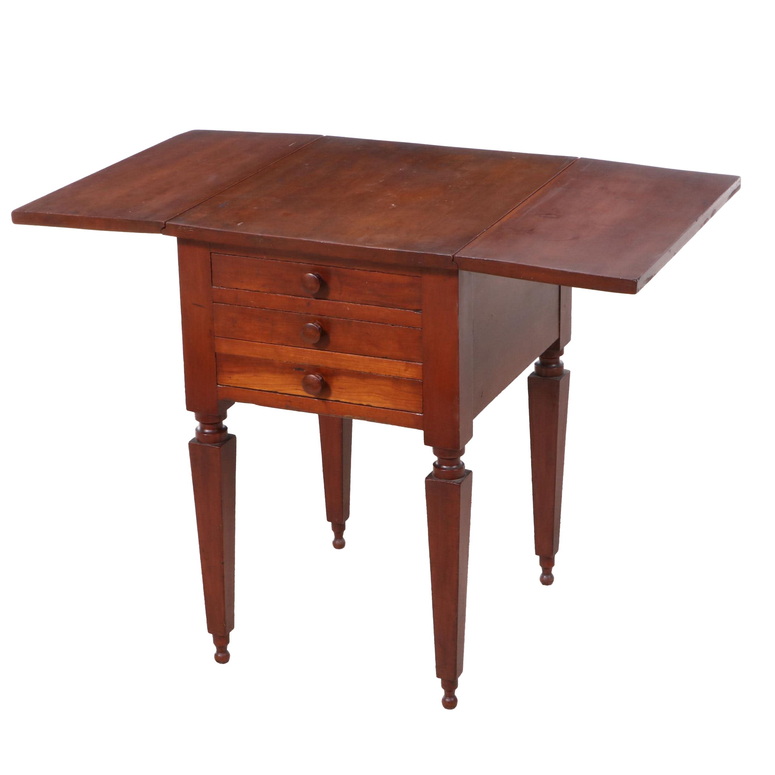 Eaton, Ohio Cherrywood Three-Drawer Drop-Leaf Side Table, signed, 19th Century