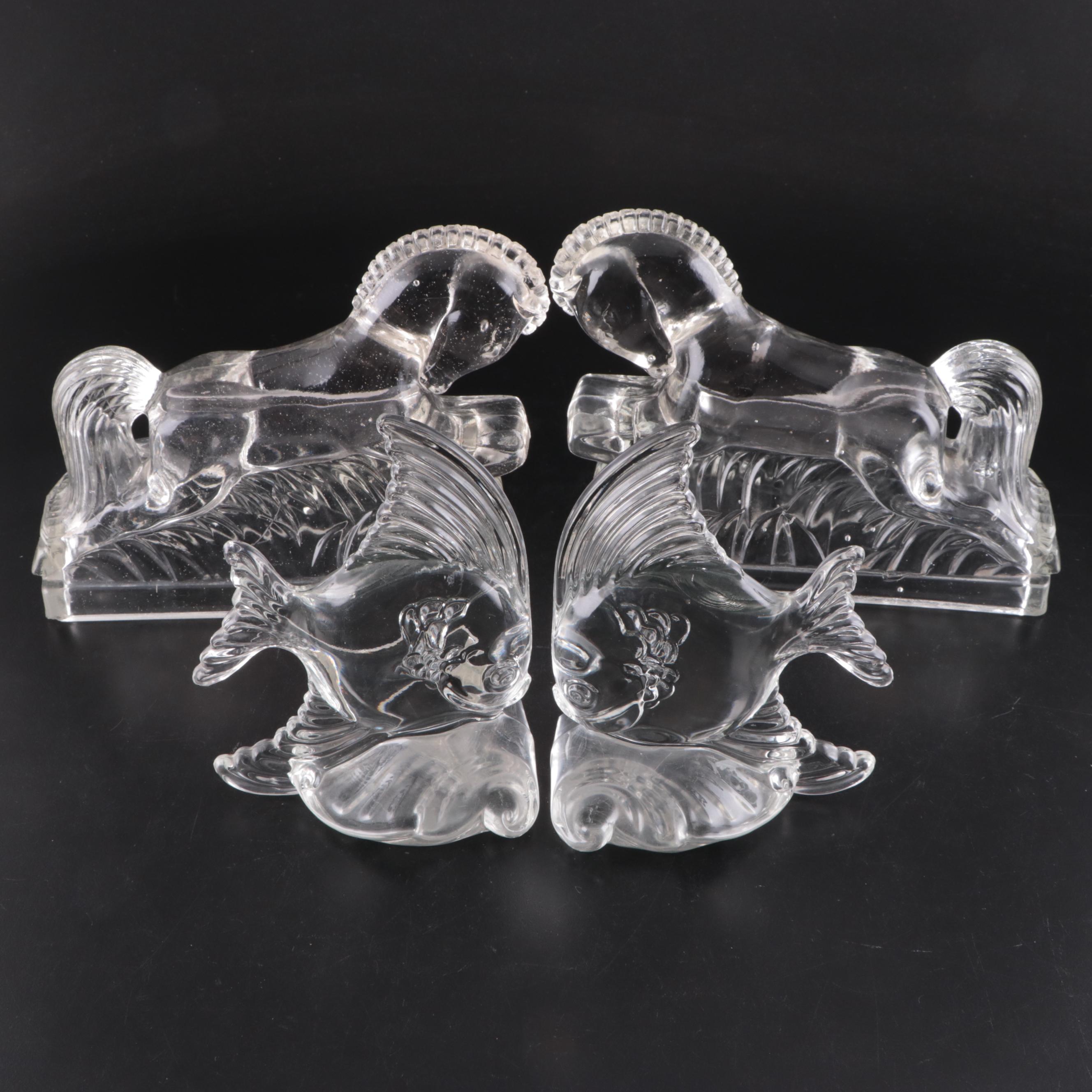 Heisey Glass Angel Fish Bookends with L.E. Smith Glass Jumping Horse Bookends
