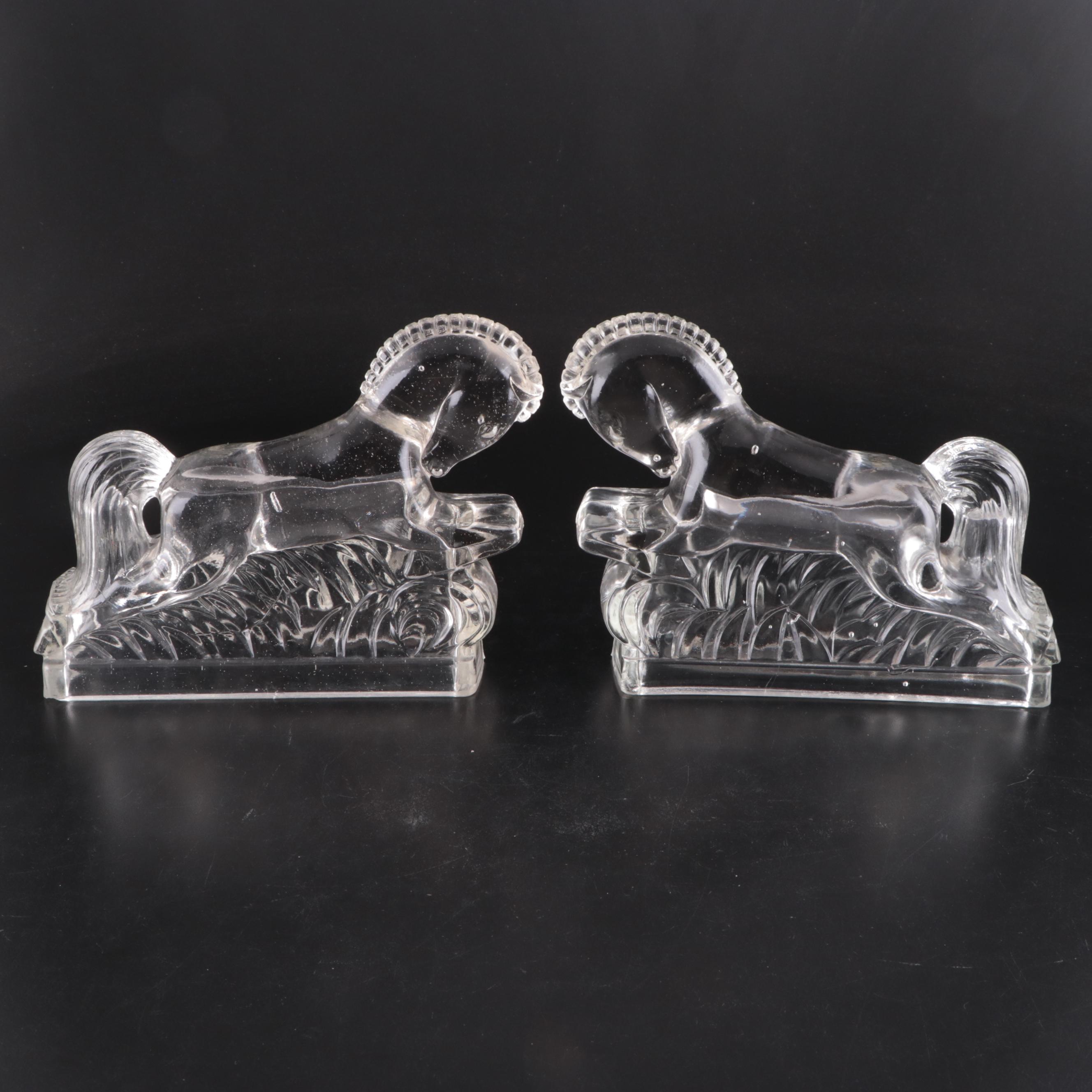 Heisey Glass Angel Fish Bookends with L.E. Smith Glass Jumping Horse Bookends