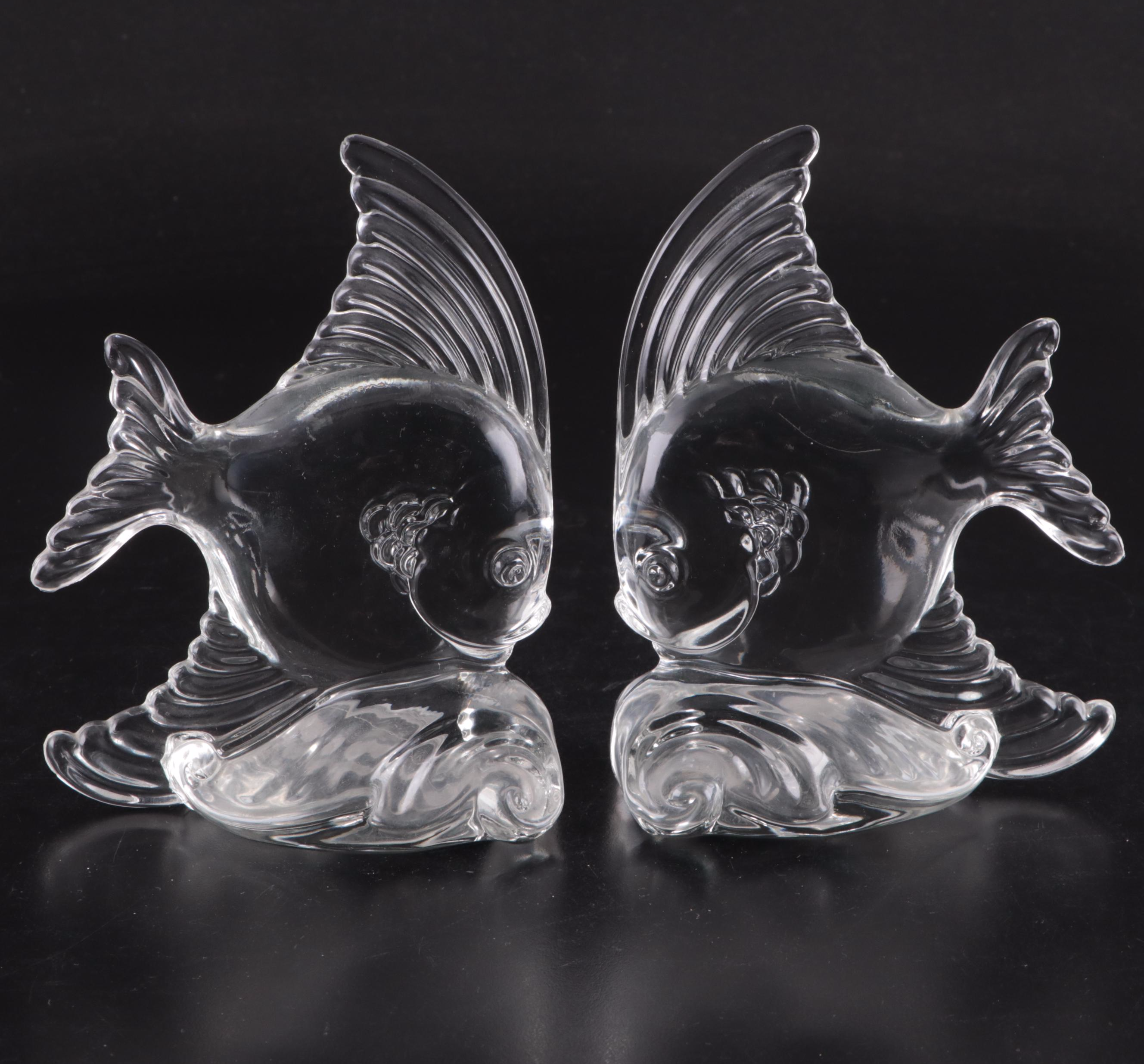 Heisey Glass Angel Fish Bookends with L.E. Smith Glass Jumping Horse Bookends