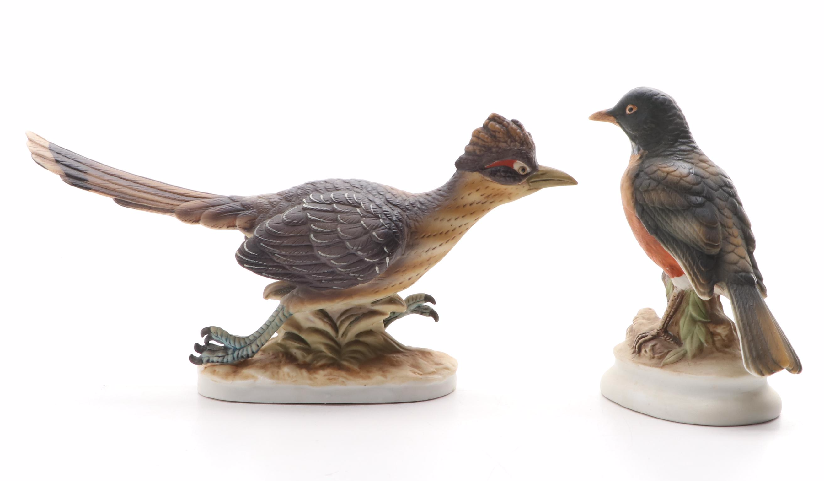 Lefton "Robin" and "Road-Runner" Porcelain Figurines with Bird Music Box
