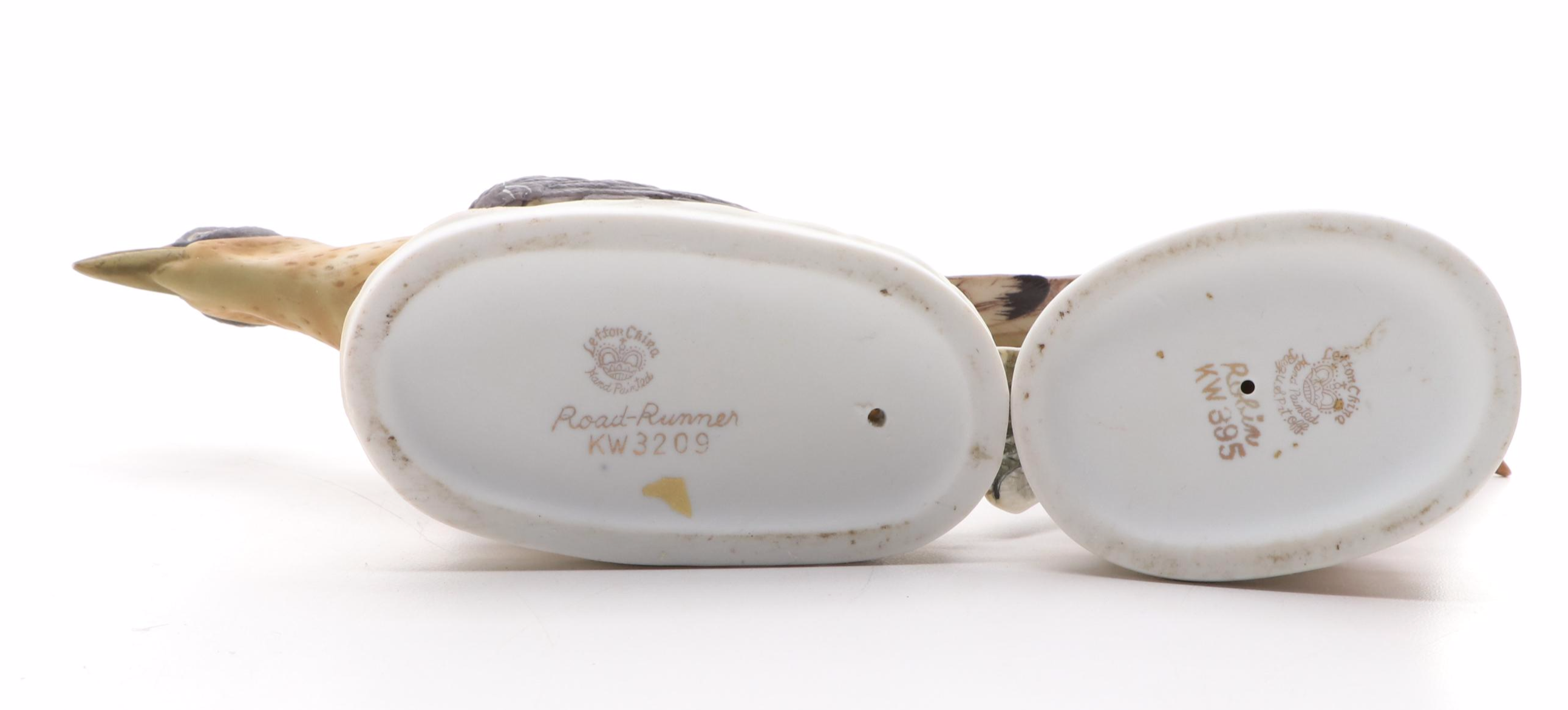 Lefton "Robin" and "Road-Runner" Porcelain Figurines with Bird Music Box