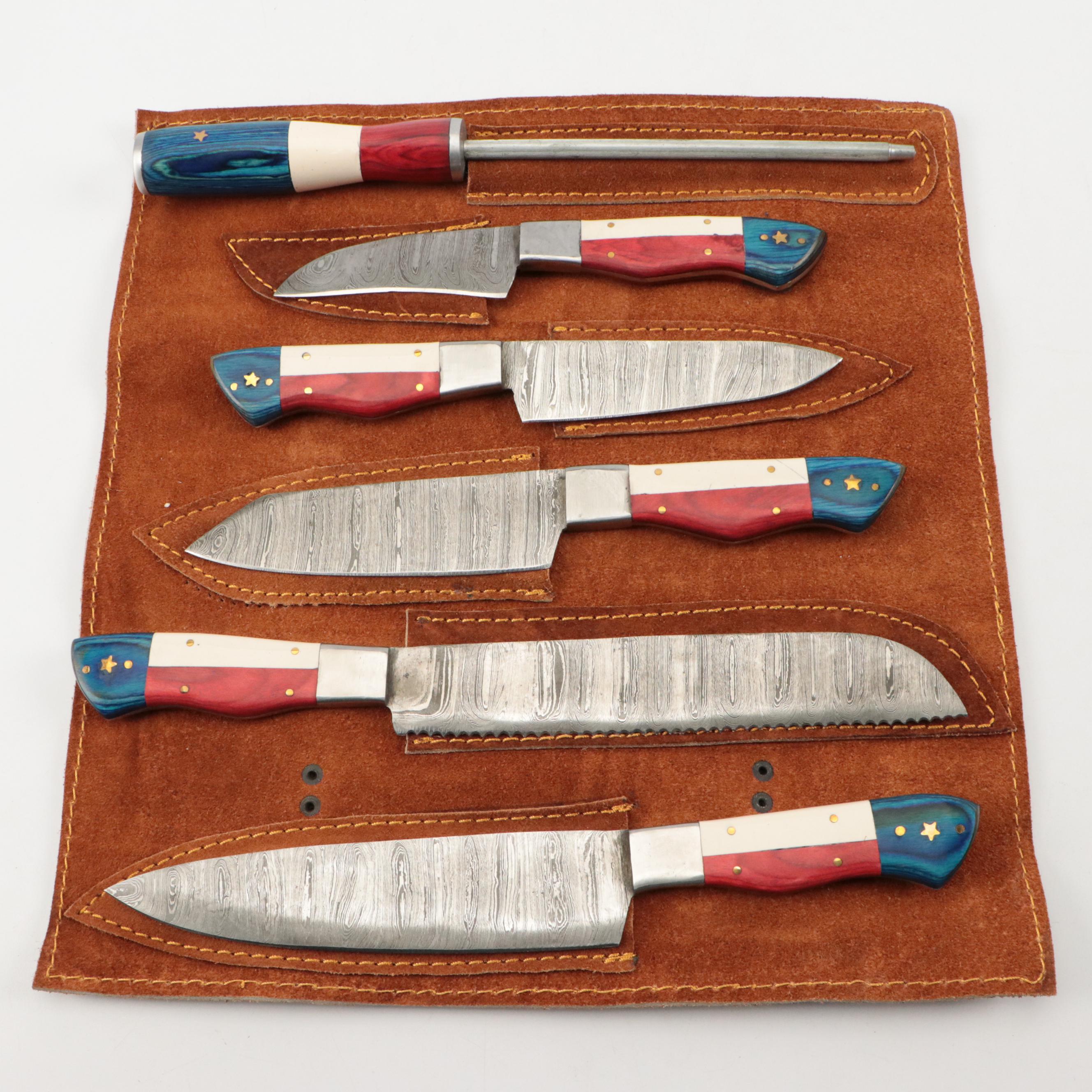 Damascus Steel American Flag Motif Handled Knife Set with Leather Knife Roll