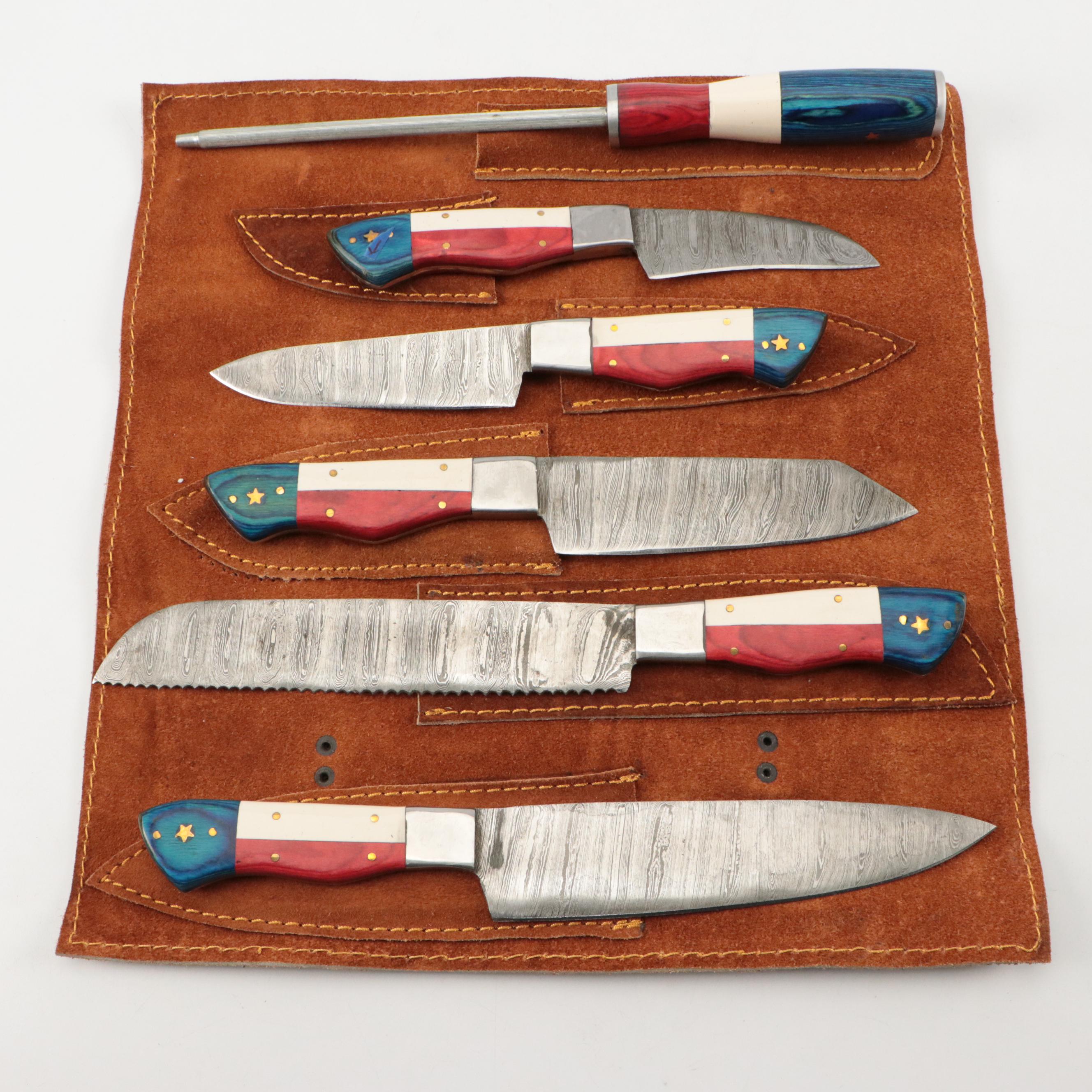 Damascus Steel American Flag Motif Handled Knife Set with Leather Knife Roll