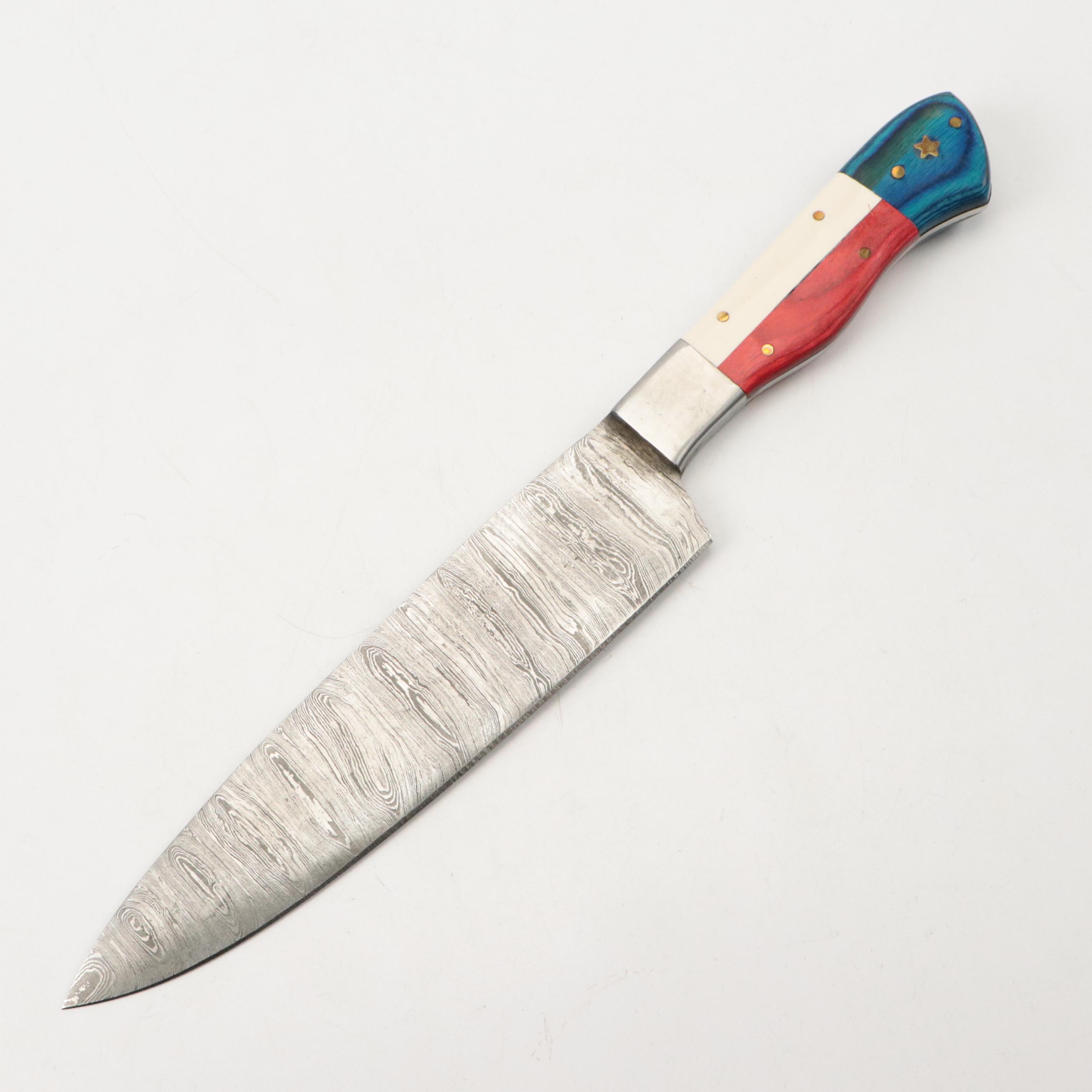 Damascus Steel American Flag Motif Handled Knife Set with Leather Knife Roll