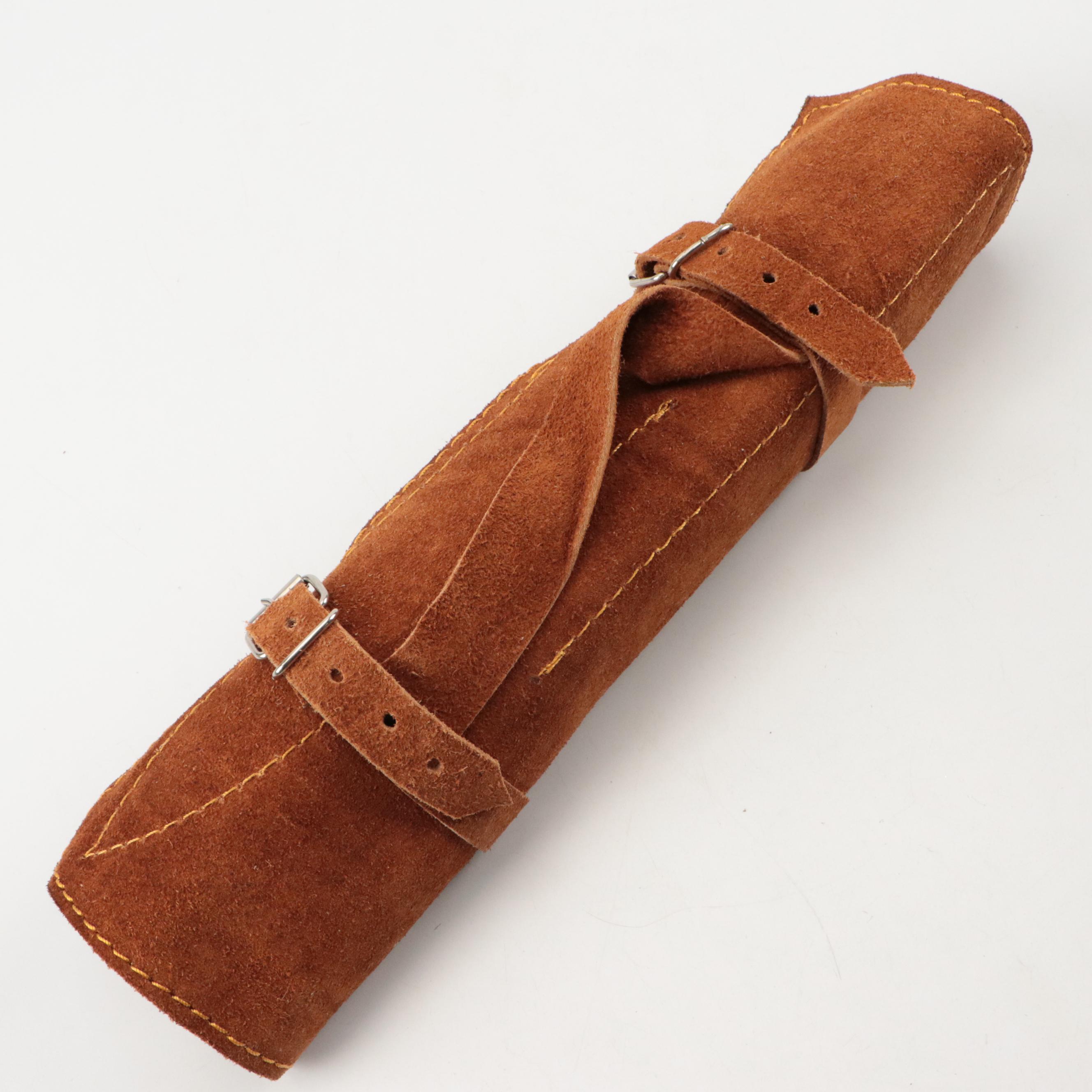 Damascus Steel American Flag Motif Handled Knife Set with Leather Knife Roll