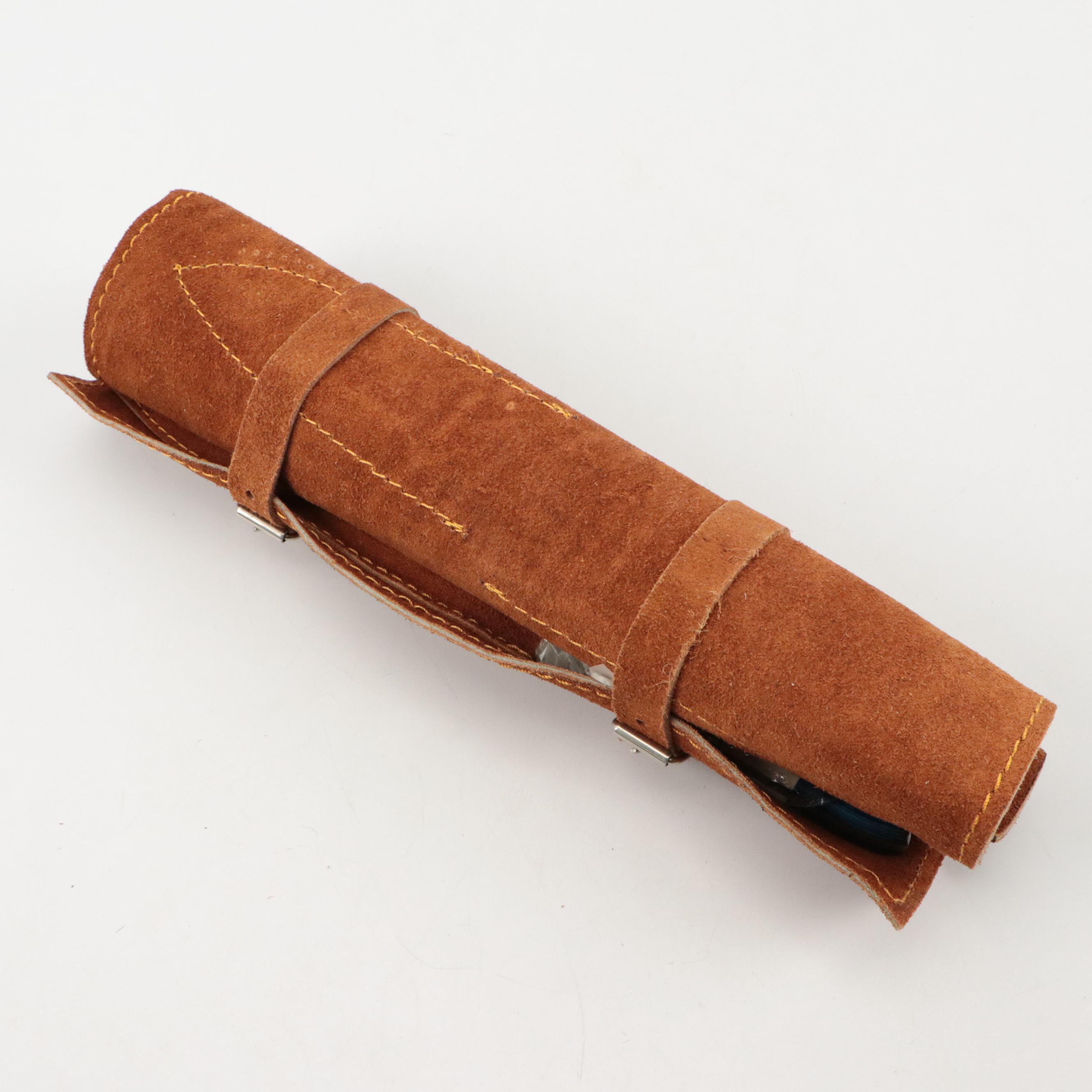 Damascus Steel American Flag Motif Handled Knife Set with Leather Knife Roll