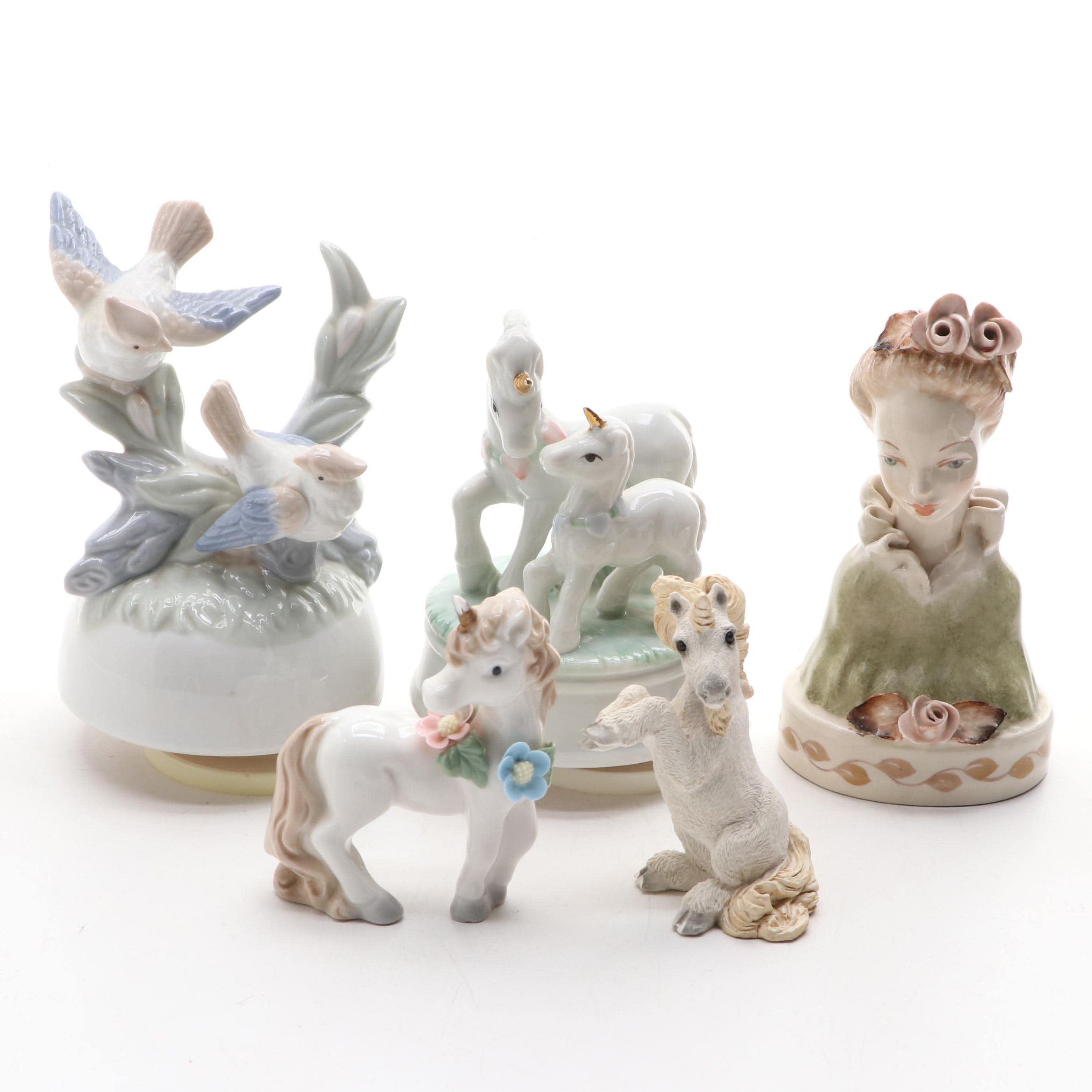 Cordey Porcelain Bust with Unicorn Figurines and Musical Figurines
