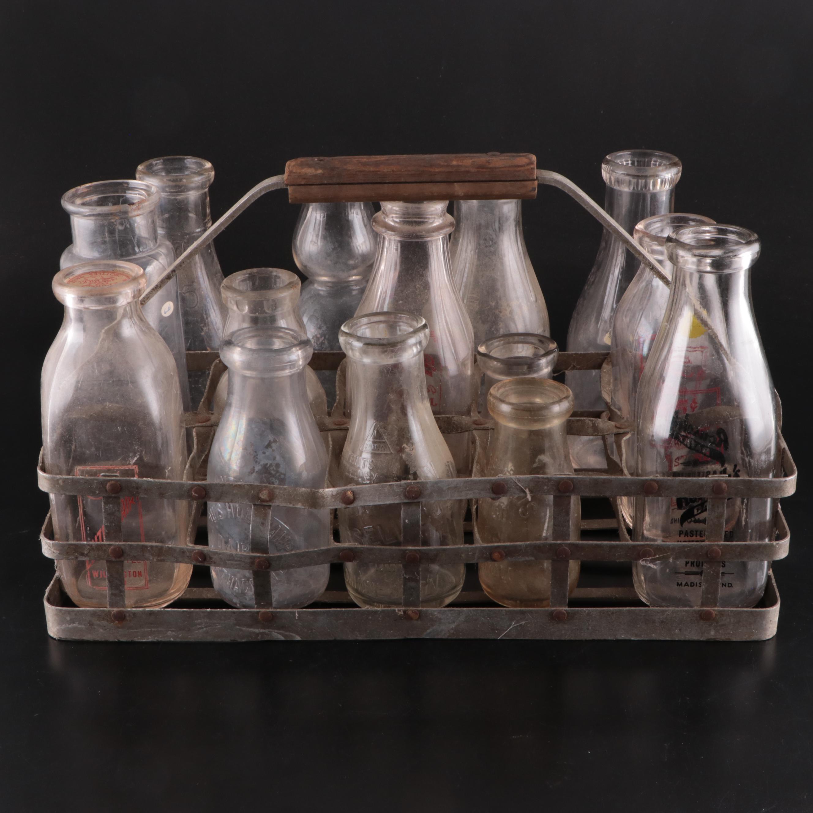 Louis Holtkamp Dairy and Other Glass Milk Bottles in Metal Glass Bottle Carrier