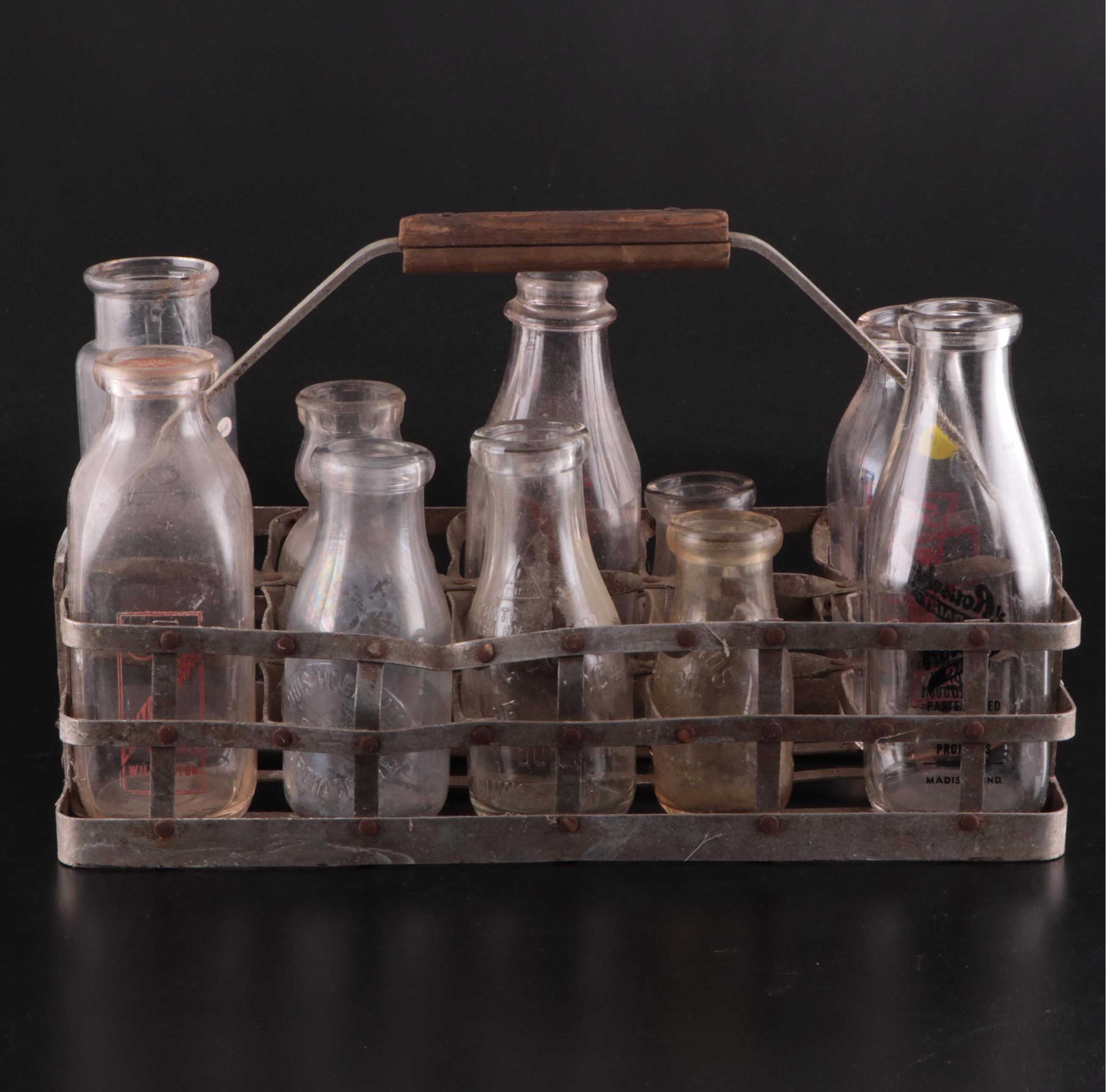 Louis Holtkamp Dairy and Other Glass Milk Bottles in Metal Glass Bottle Carrier