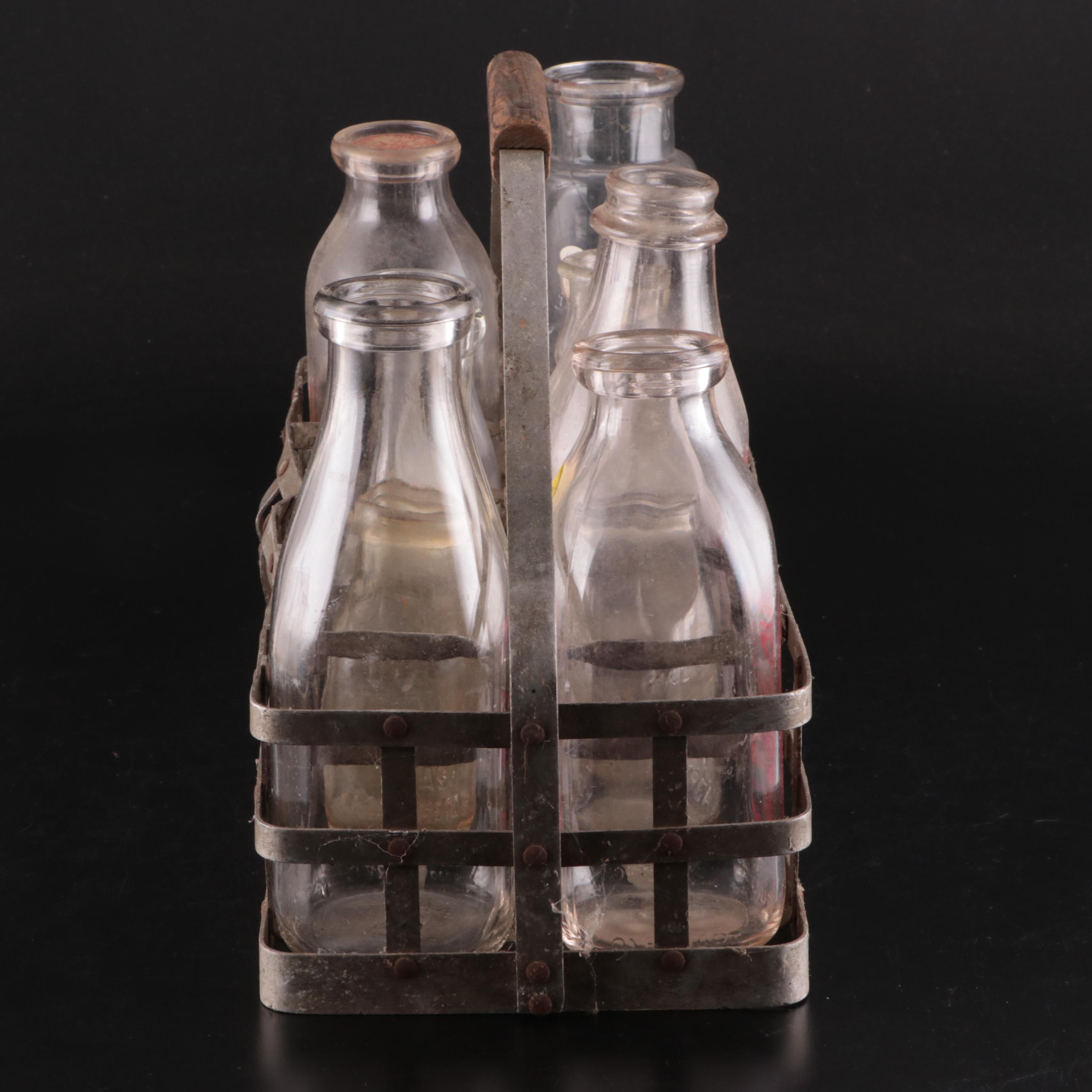 Louis Holtkamp Dairy and Other Glass Milk Bottles in Metal Glass Bottle Carrier