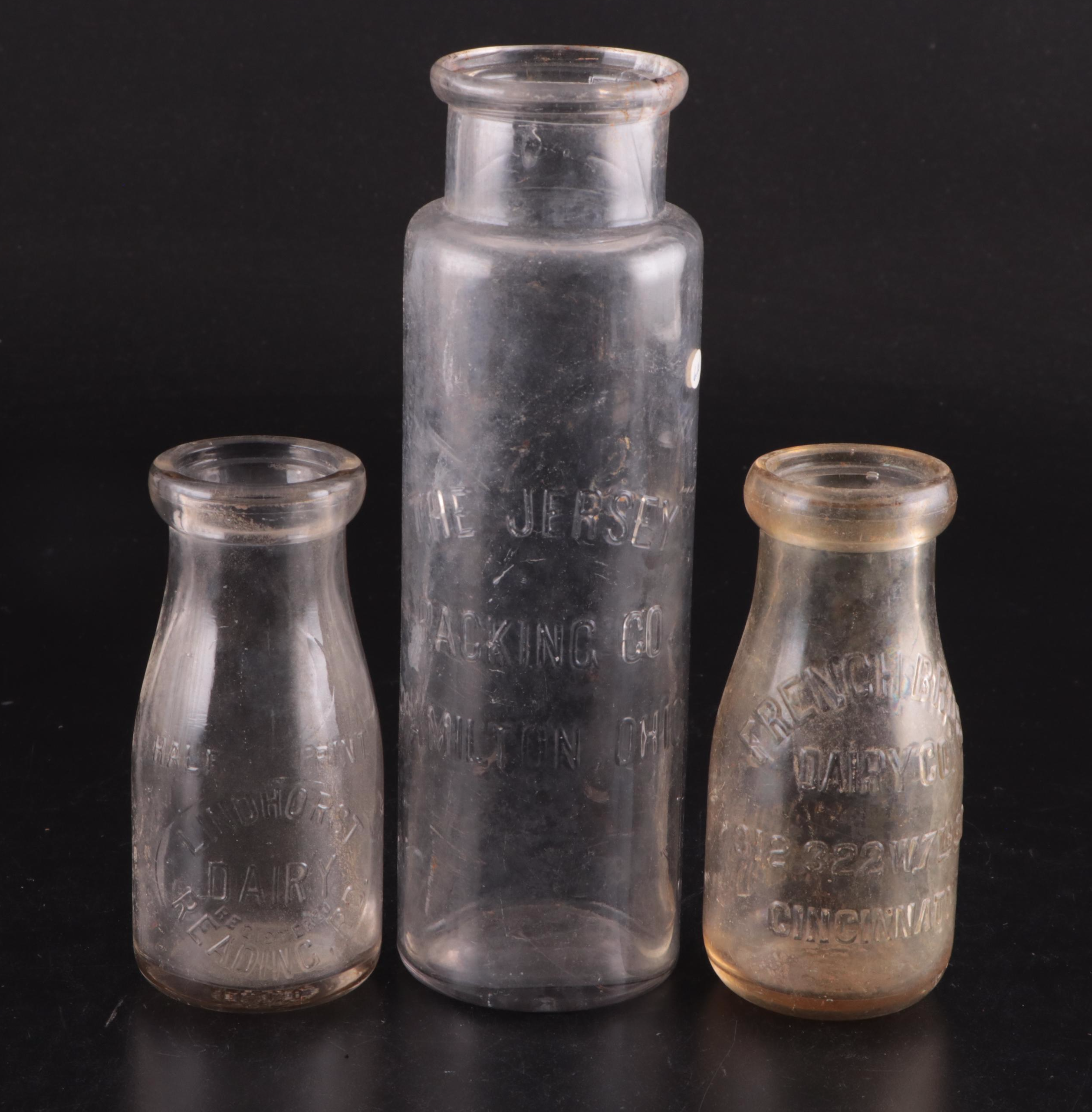Louis Holtkamp Dairy and Other Glass Milk Bottles in Metal Glass Bottle Carrier