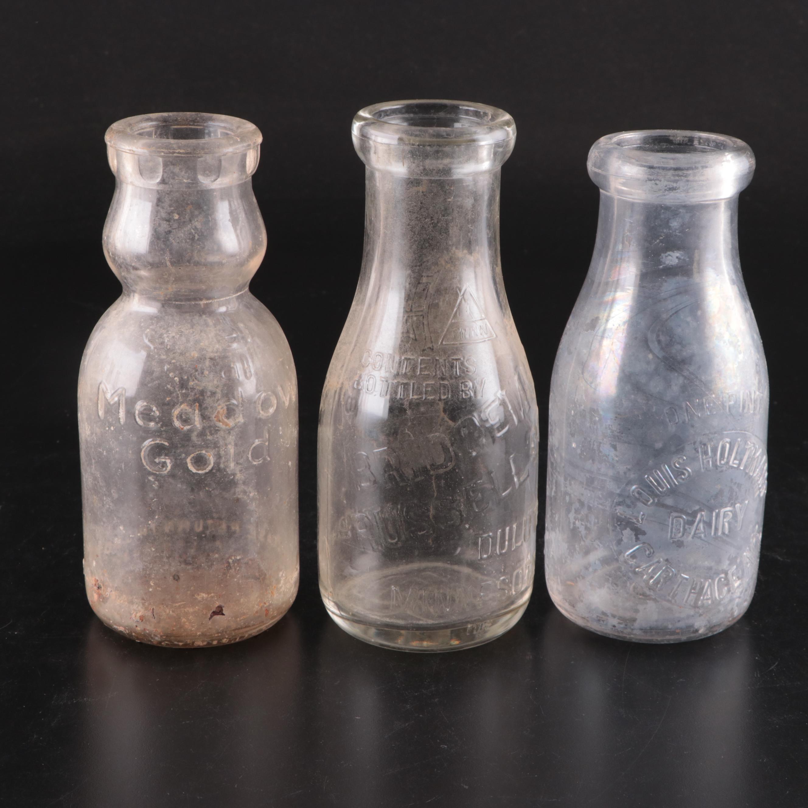 Louis Holtkamp Dairy and Other Glass Milk Bottles in Metal Glass Bottle Carrier