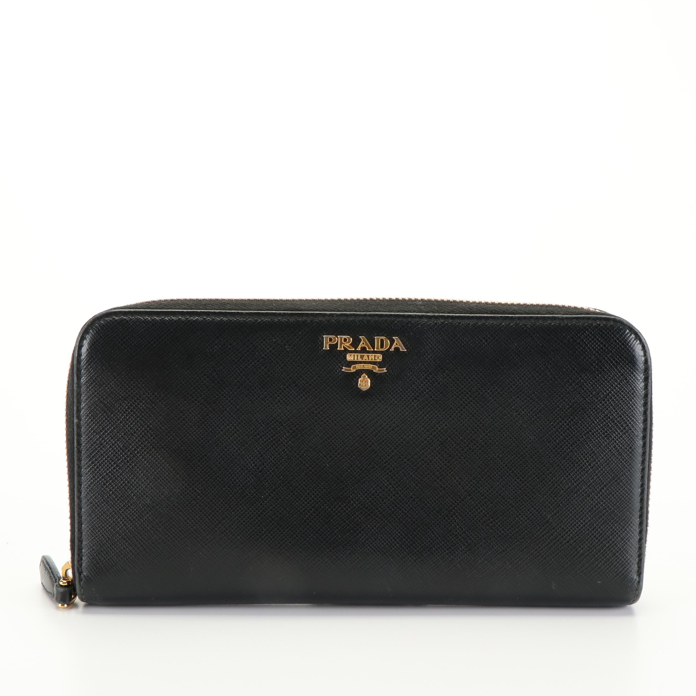 Prada Black Saffiano Leather Zip Around Wallet