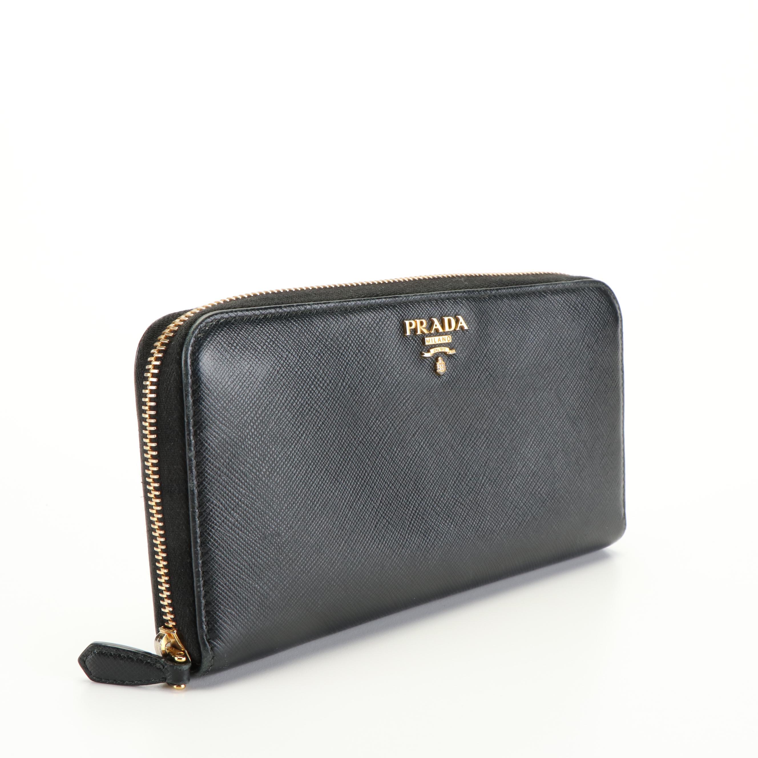 Prada Black Saffiano Leather Zip Around Wallet