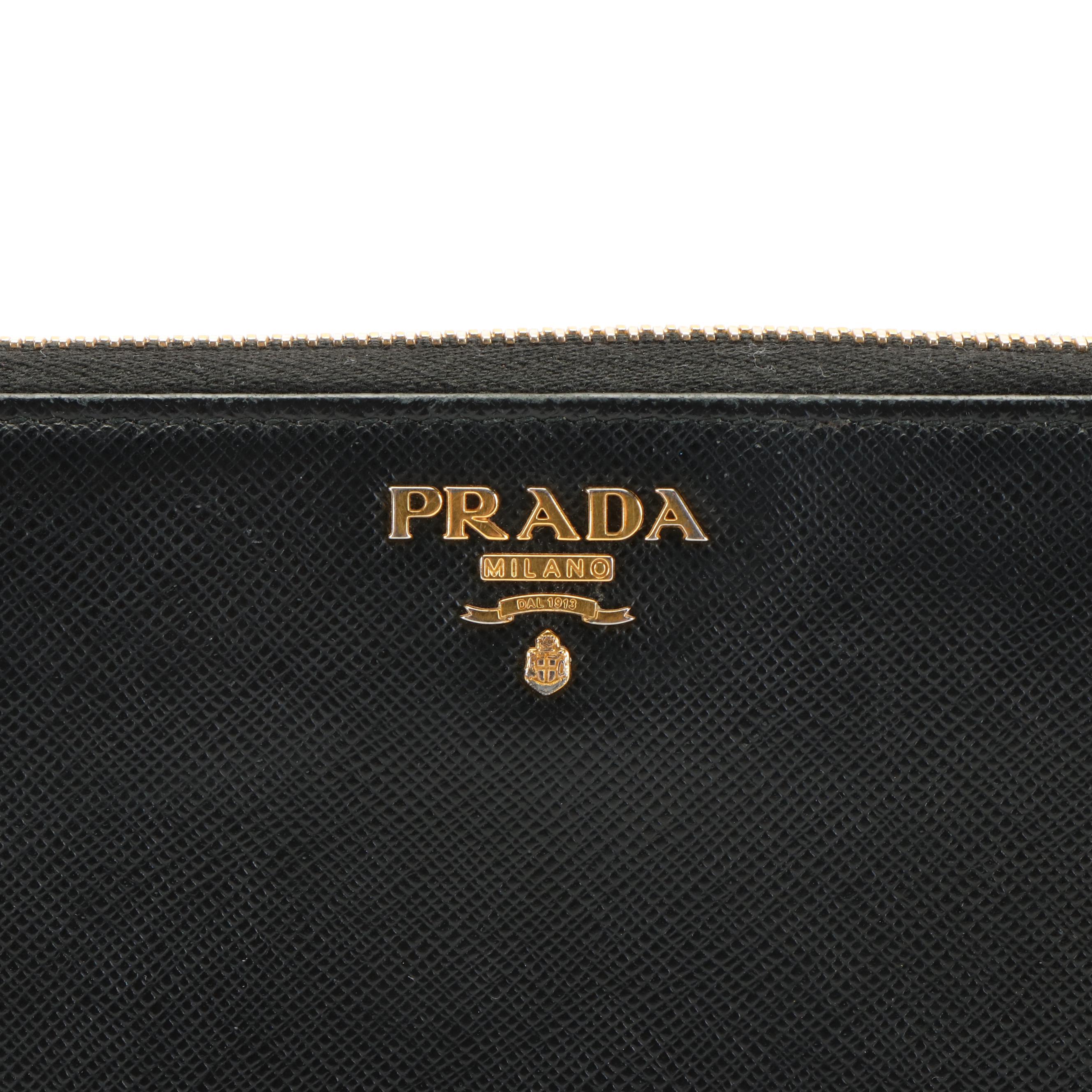 Prada Black Saffiano Leather Zip Around Wallet