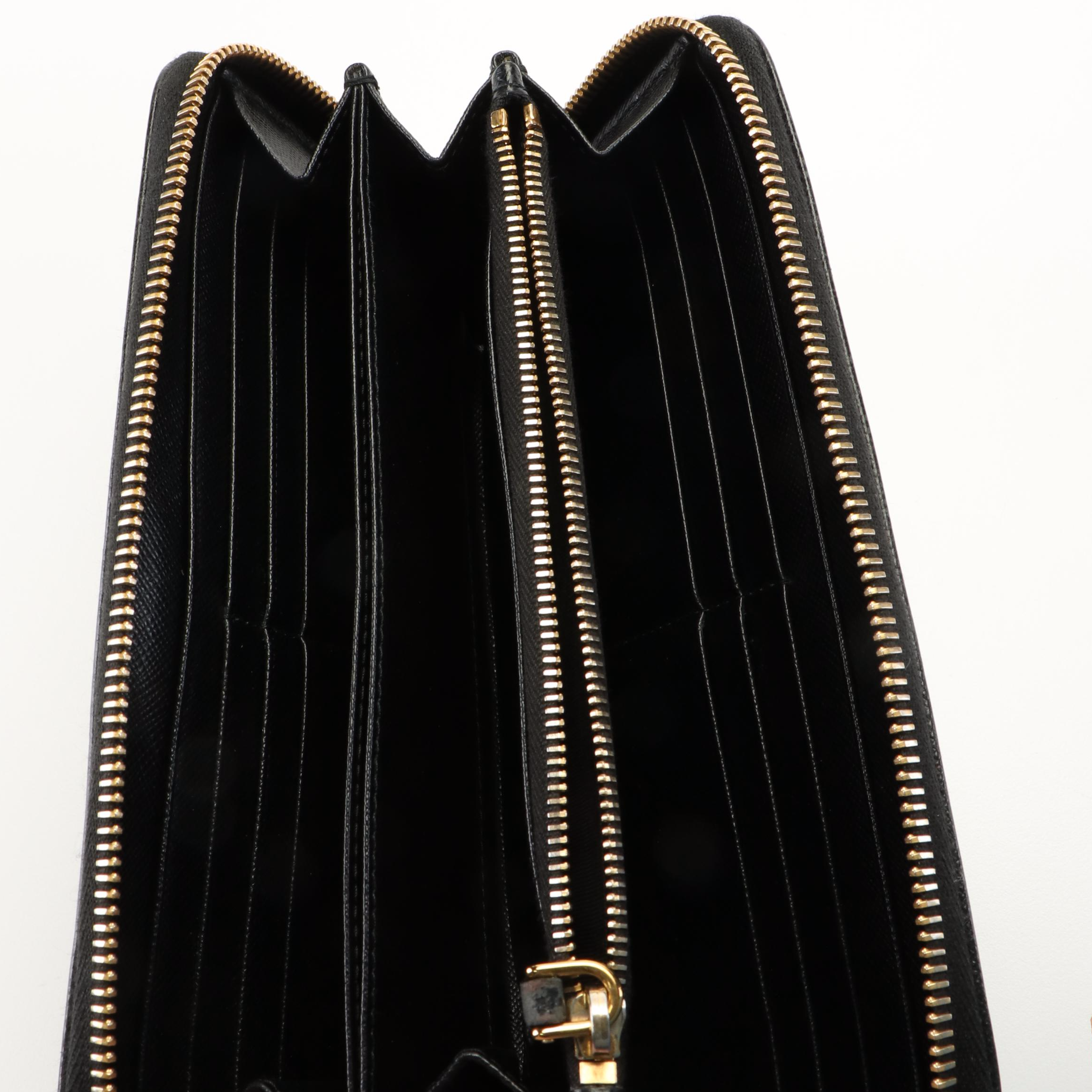 Prada Black Saffiano Leather Zip Around Wallet