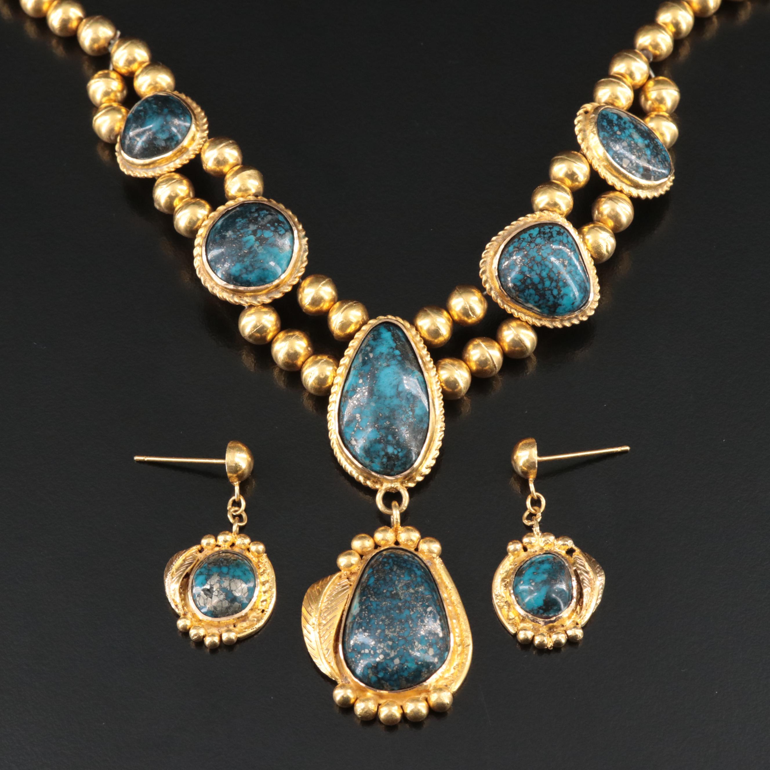 18K Turquoise Necklace and Earring Set with Feather and Rope Accents