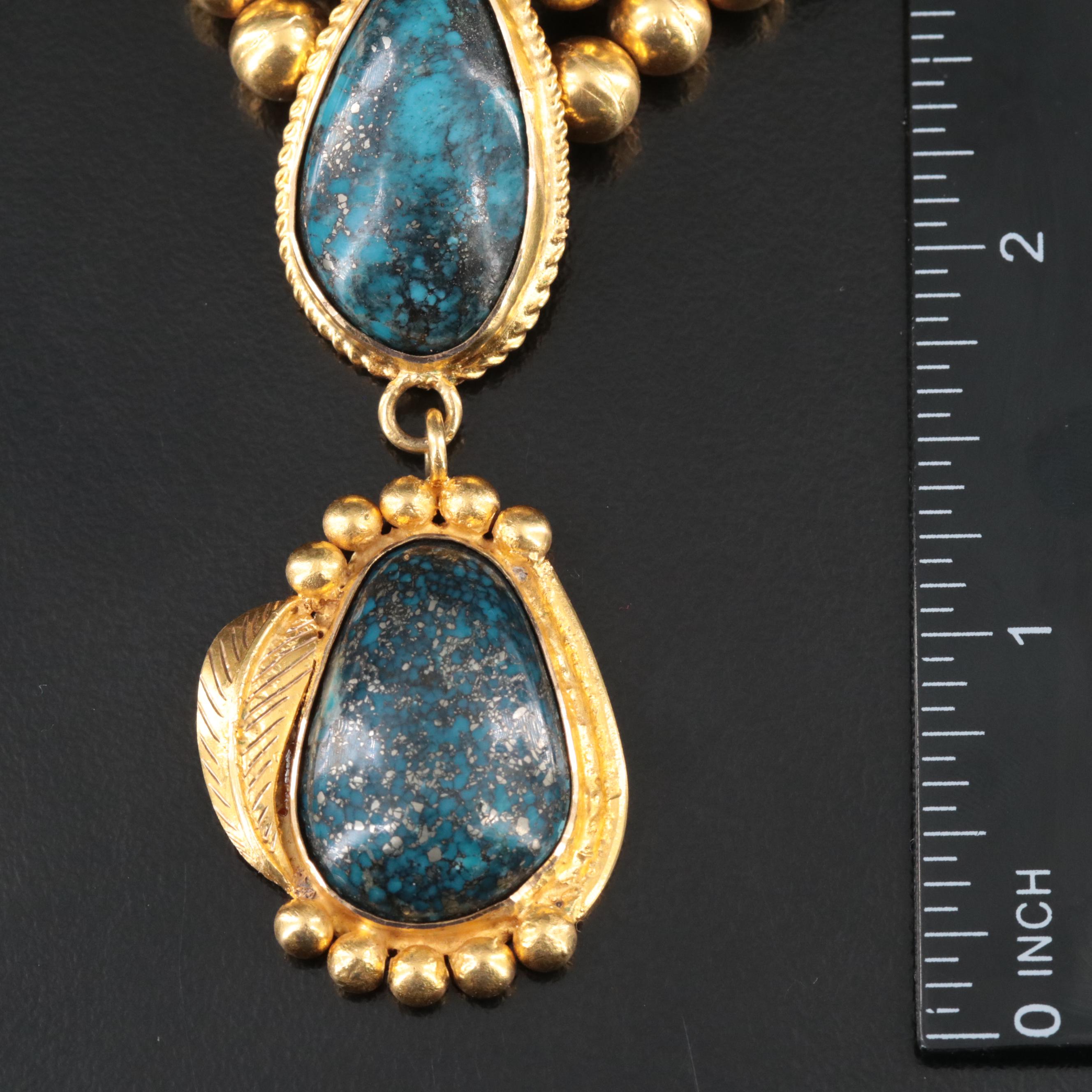 18K Turquoise Necklace and Earring Set with Feather and Rope Accents