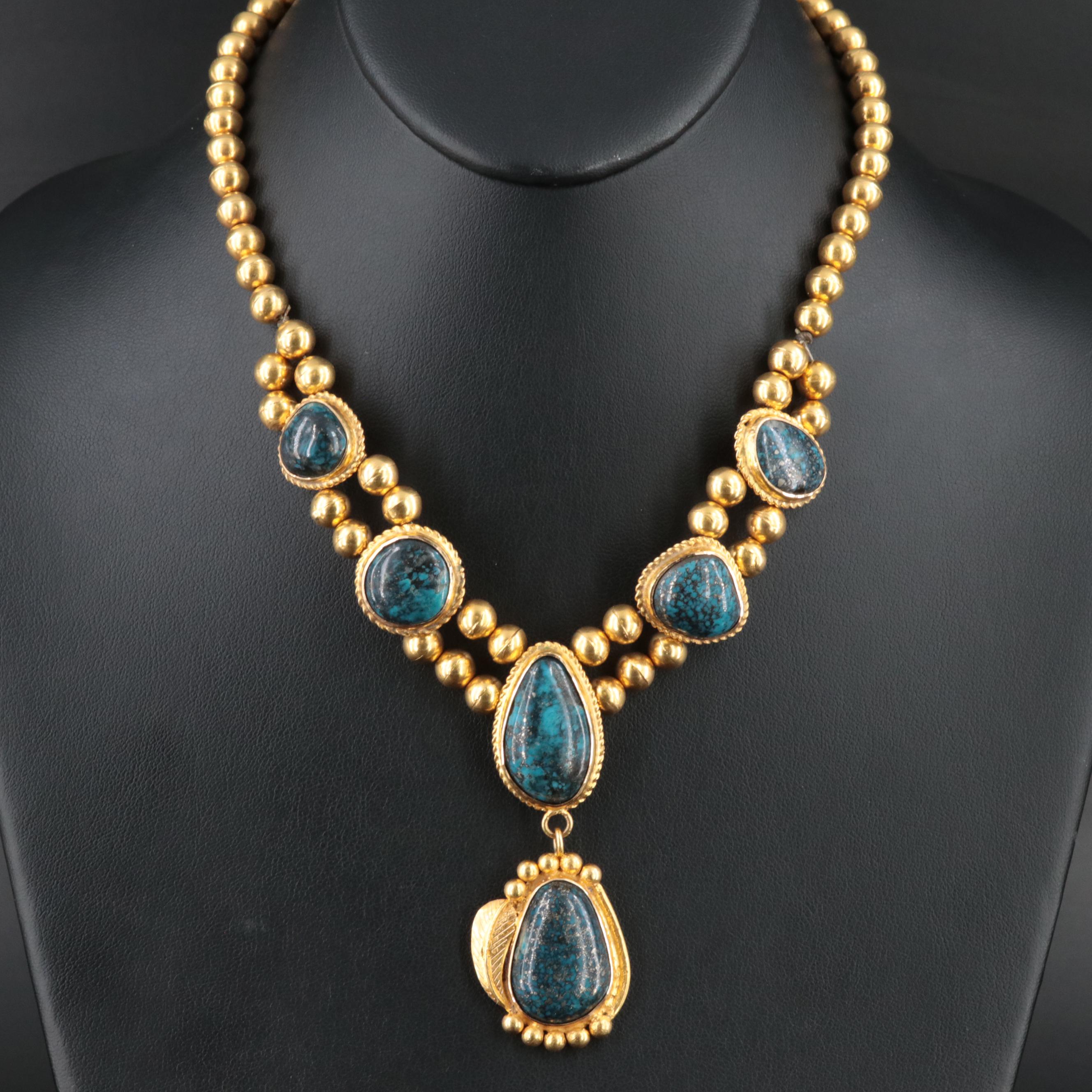 18K Turquoise Necklace and Earring Set with Feather and Rope Accents
