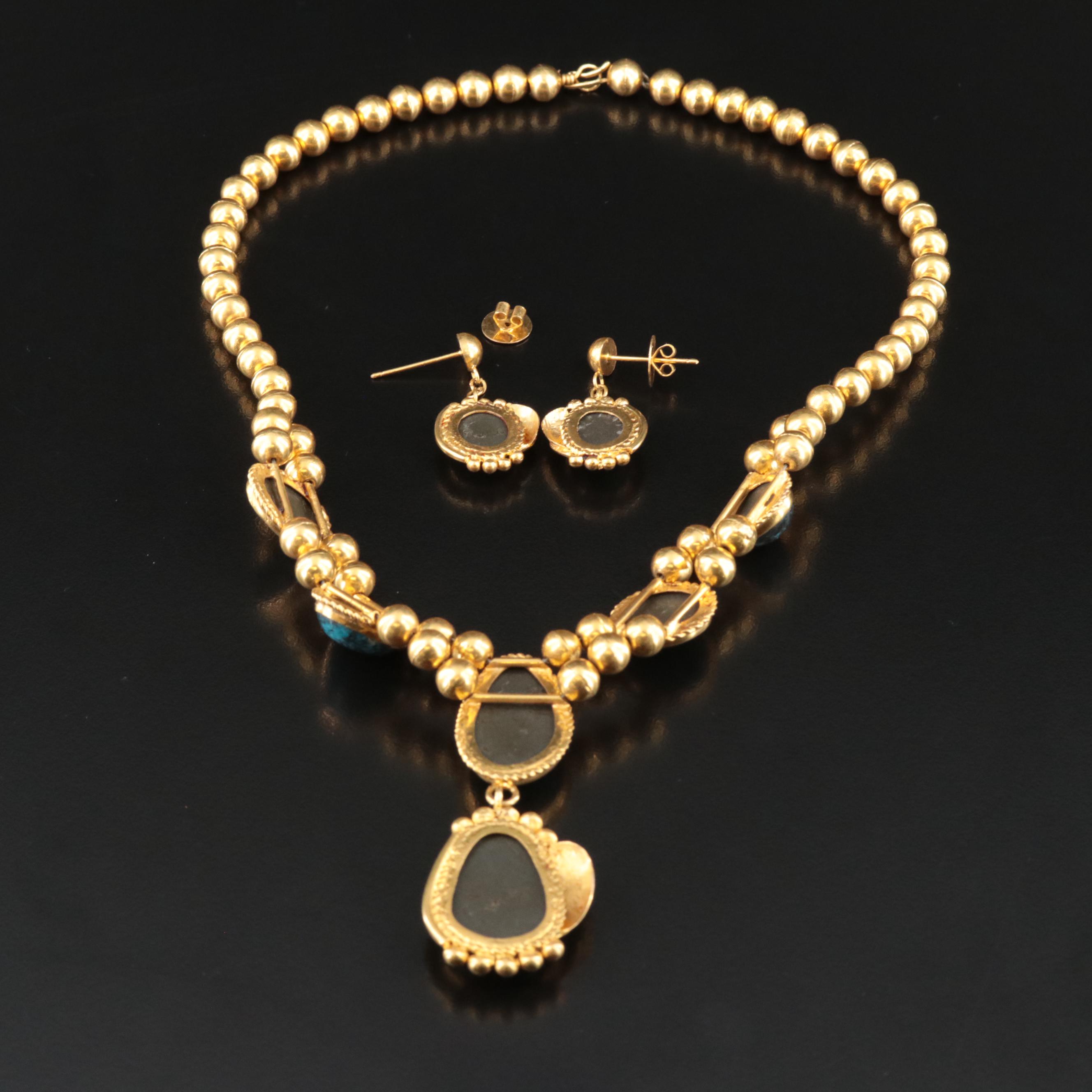 18K Turquoise Necklace and Earring Set with Feather and Rope Accents