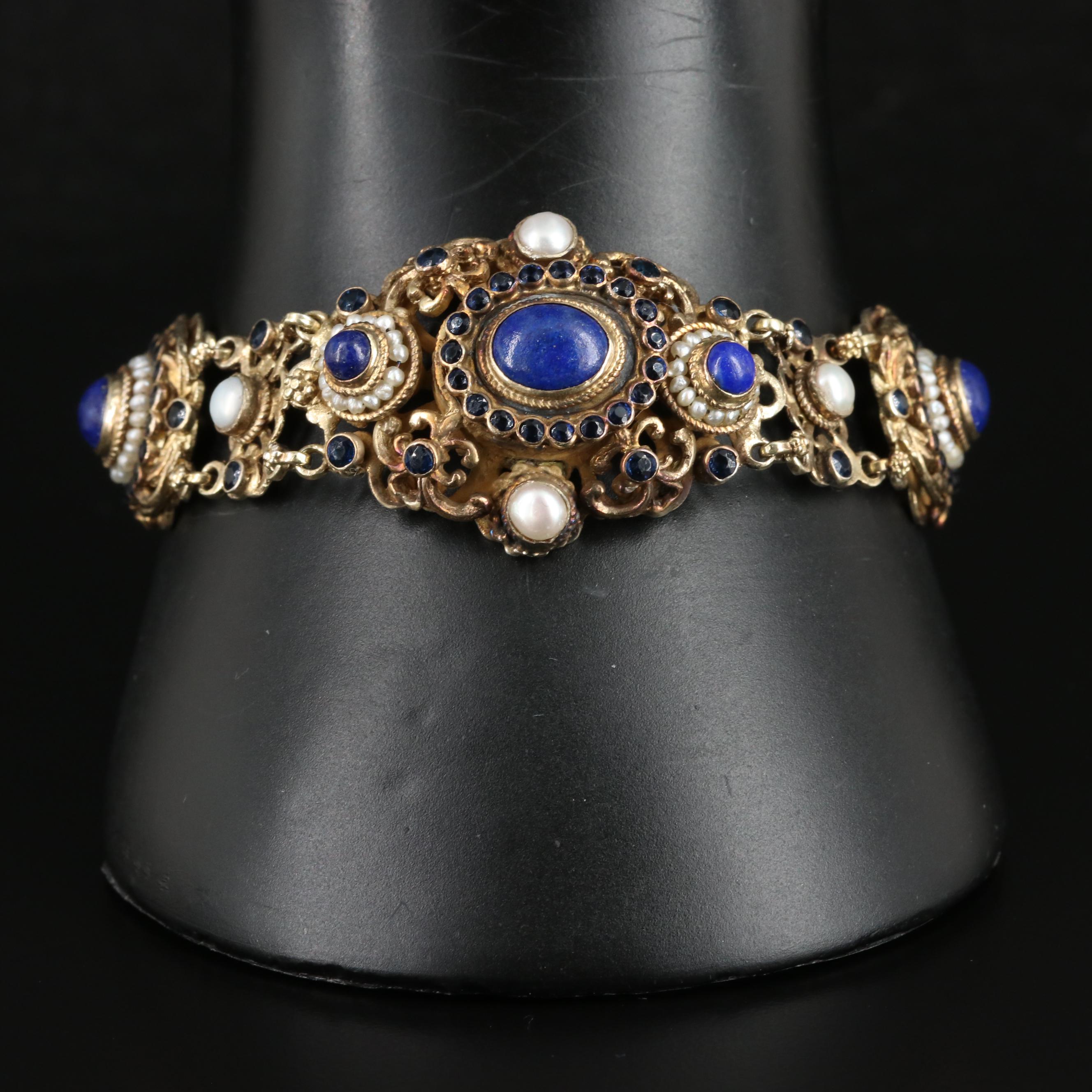 Austro-Hungarian Lapis Lazuli and Pearl Bracelet with Blue Glass Paste Accents